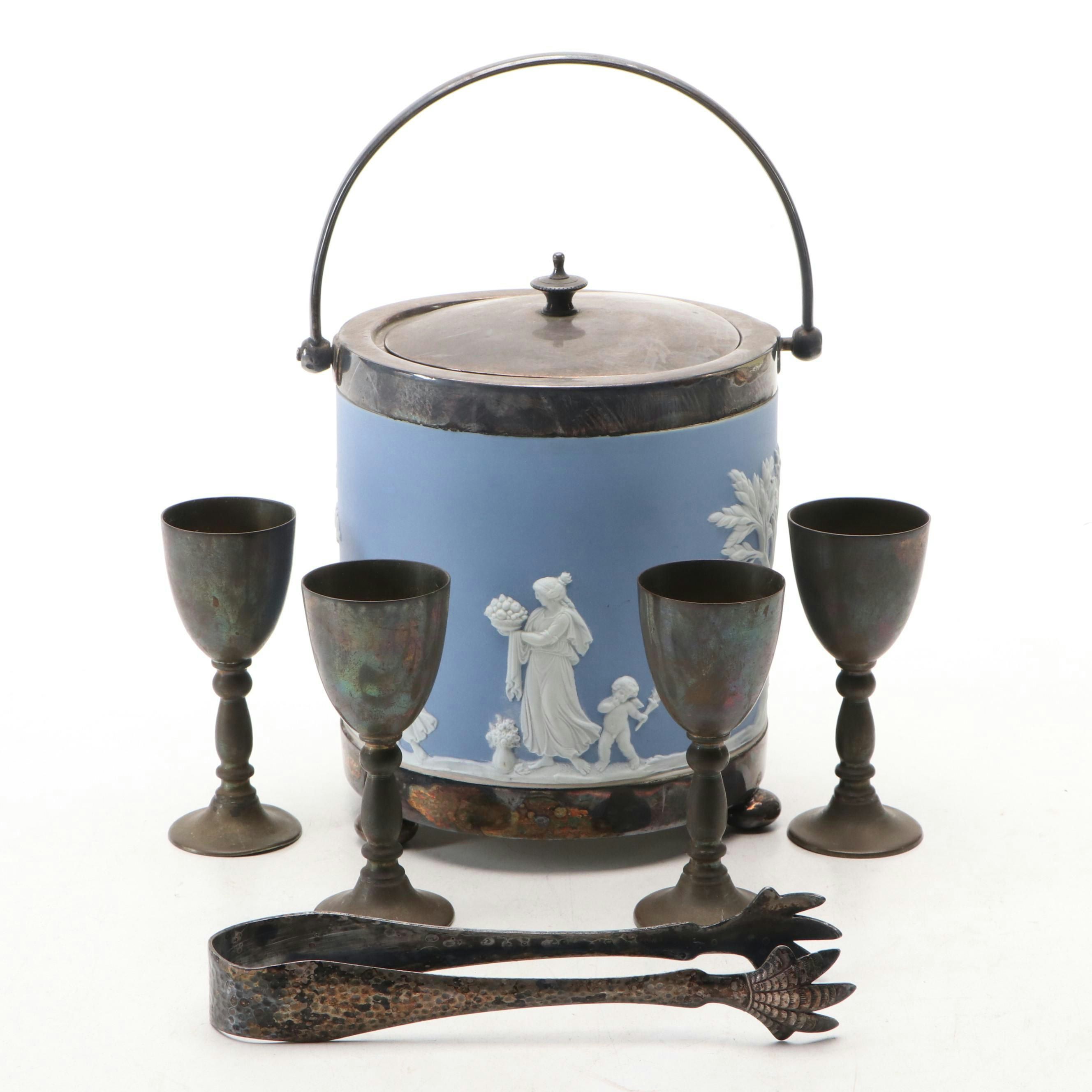 Wedgwood Jasperware and Silver Plate Biscuit Barrel with Other Tableware