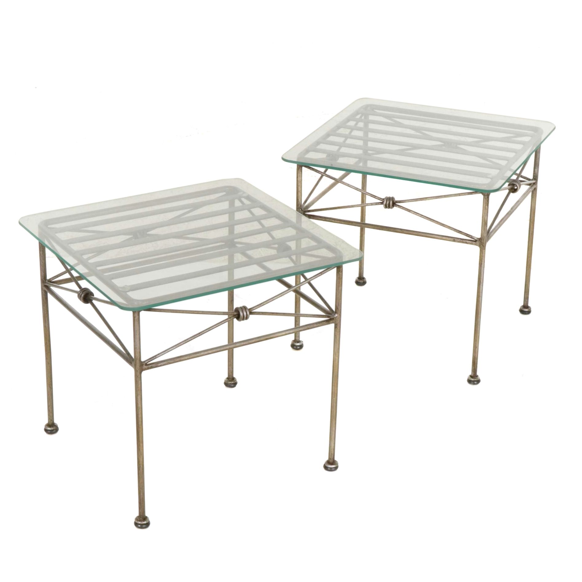Glass Top Metal Patio Accent Tables, Pair