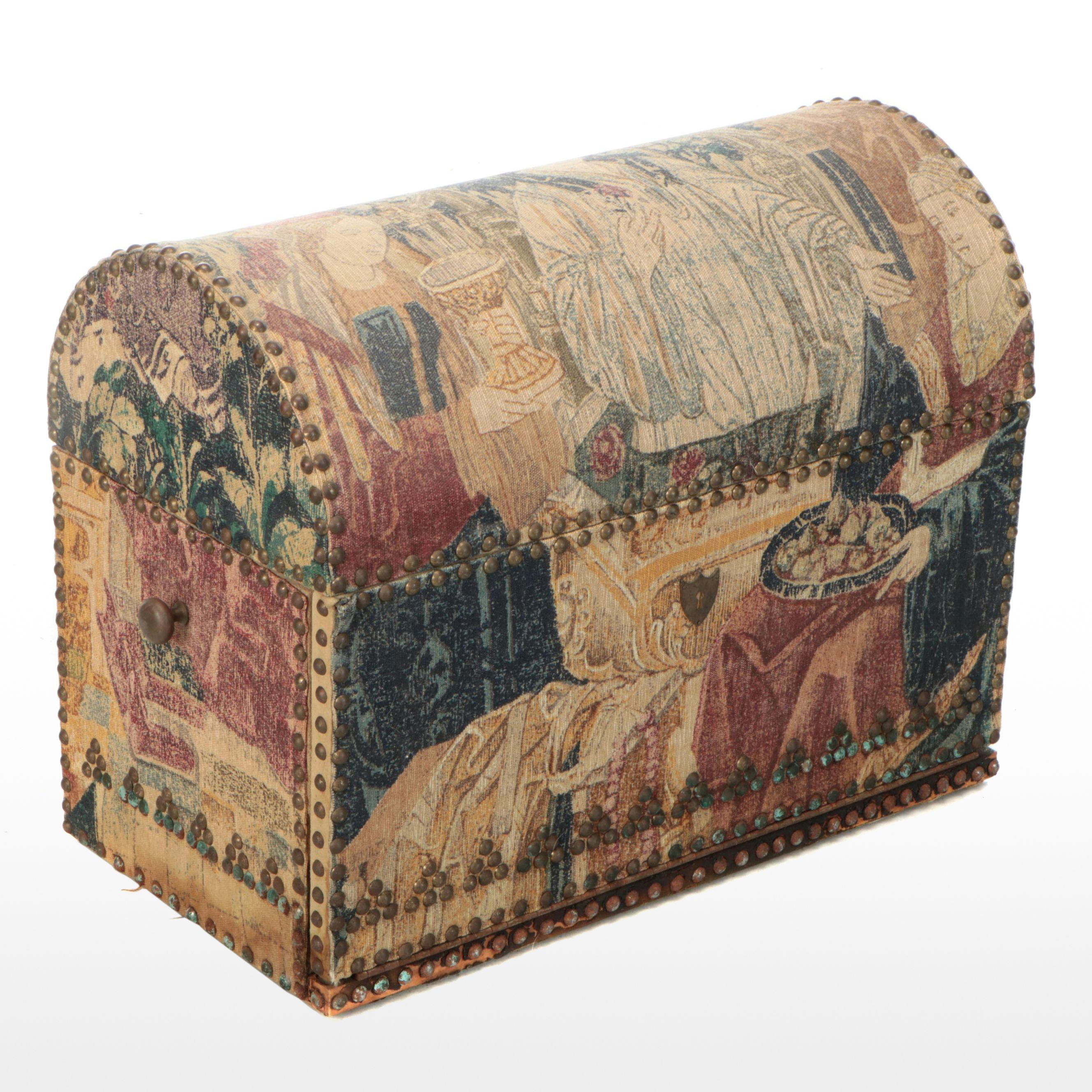 Brass-Tacked Tapestry Upholstered and Mirror Base Bombe Chest