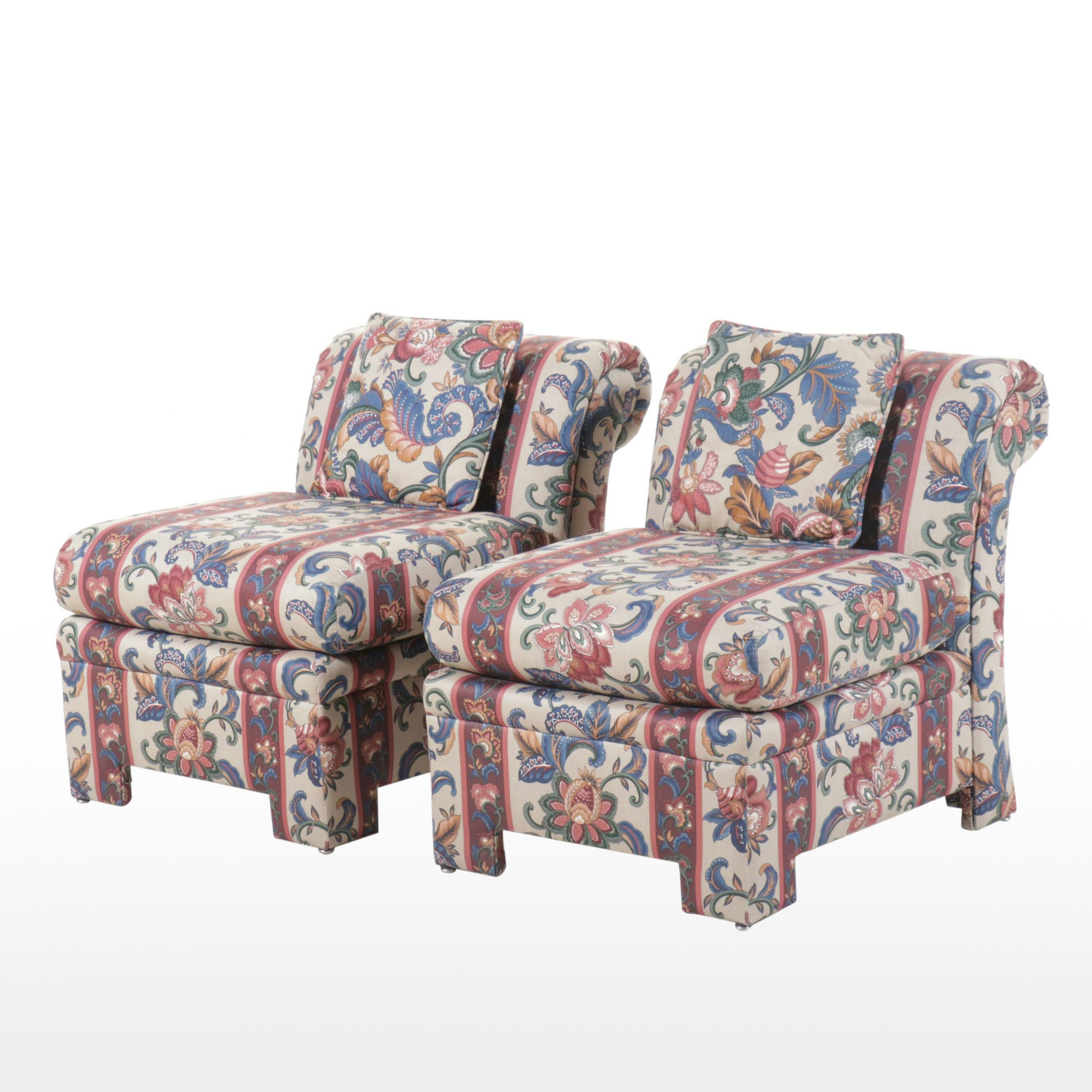 Pair of Art Deco Style Scrolled Back Upholstered Slipper Chairs