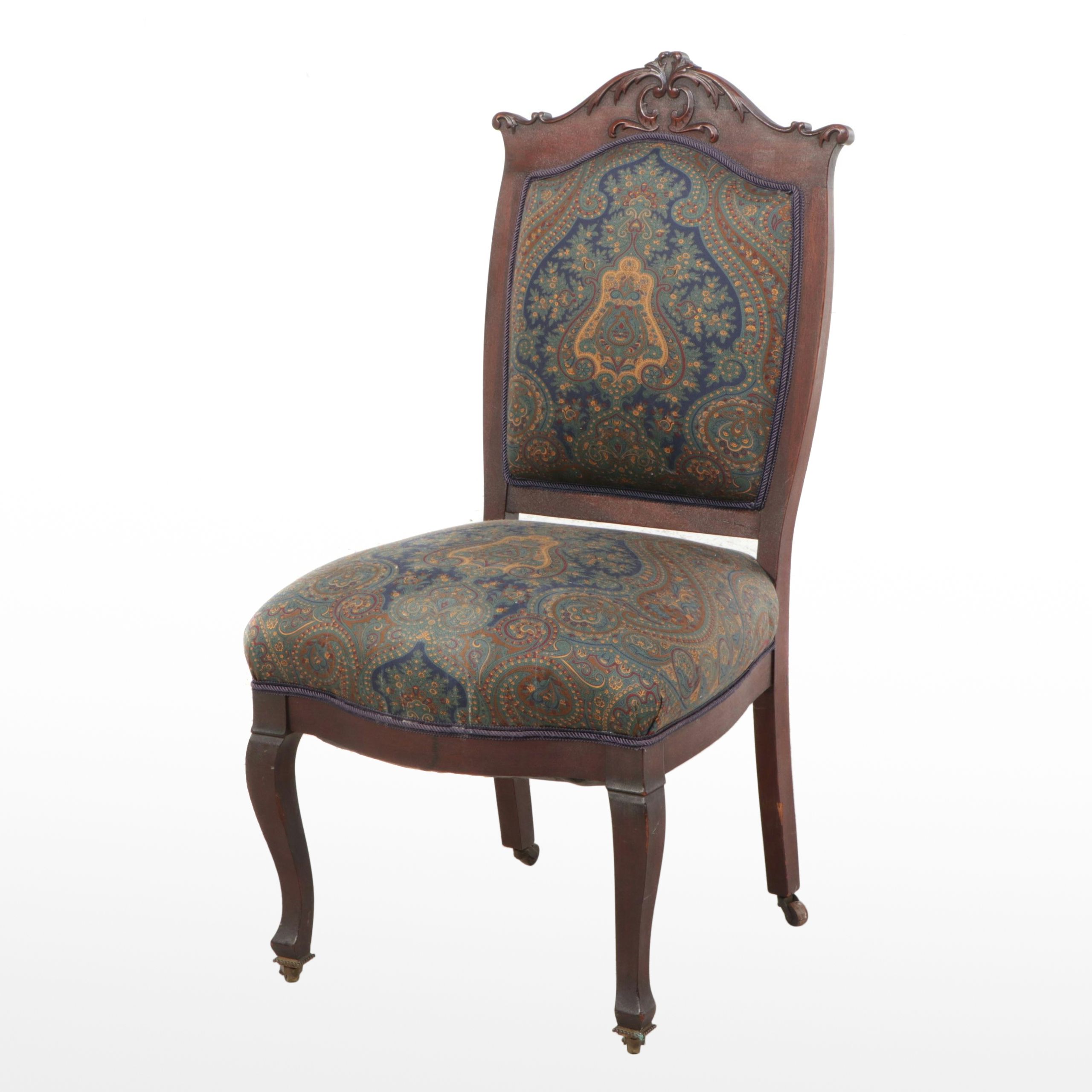 Victorian Carved-Back and Paisley Upholstered Parlor Chair