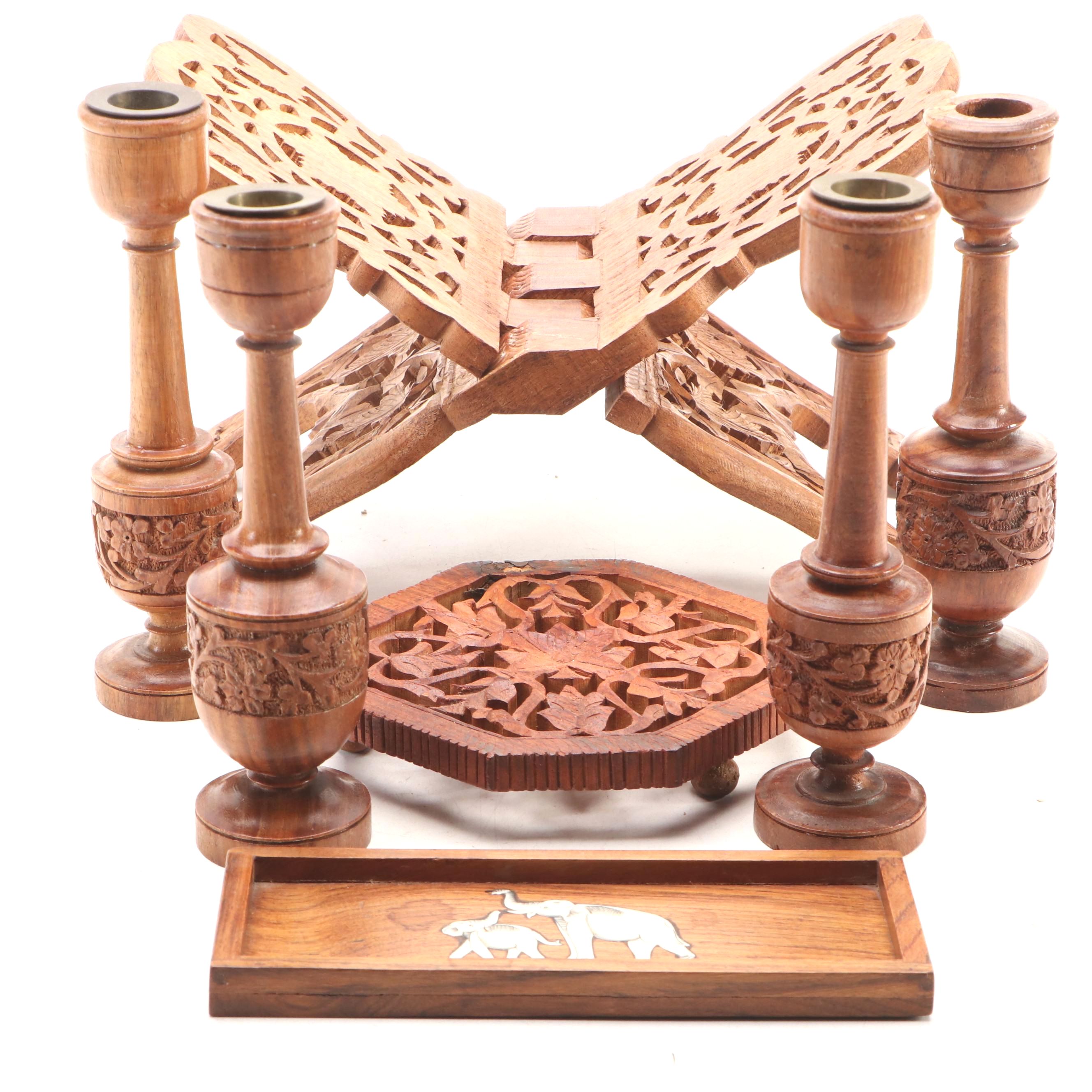 Carved Wood Book Holder and Bone Inlay Elephant Dish with Other Wood  Décor