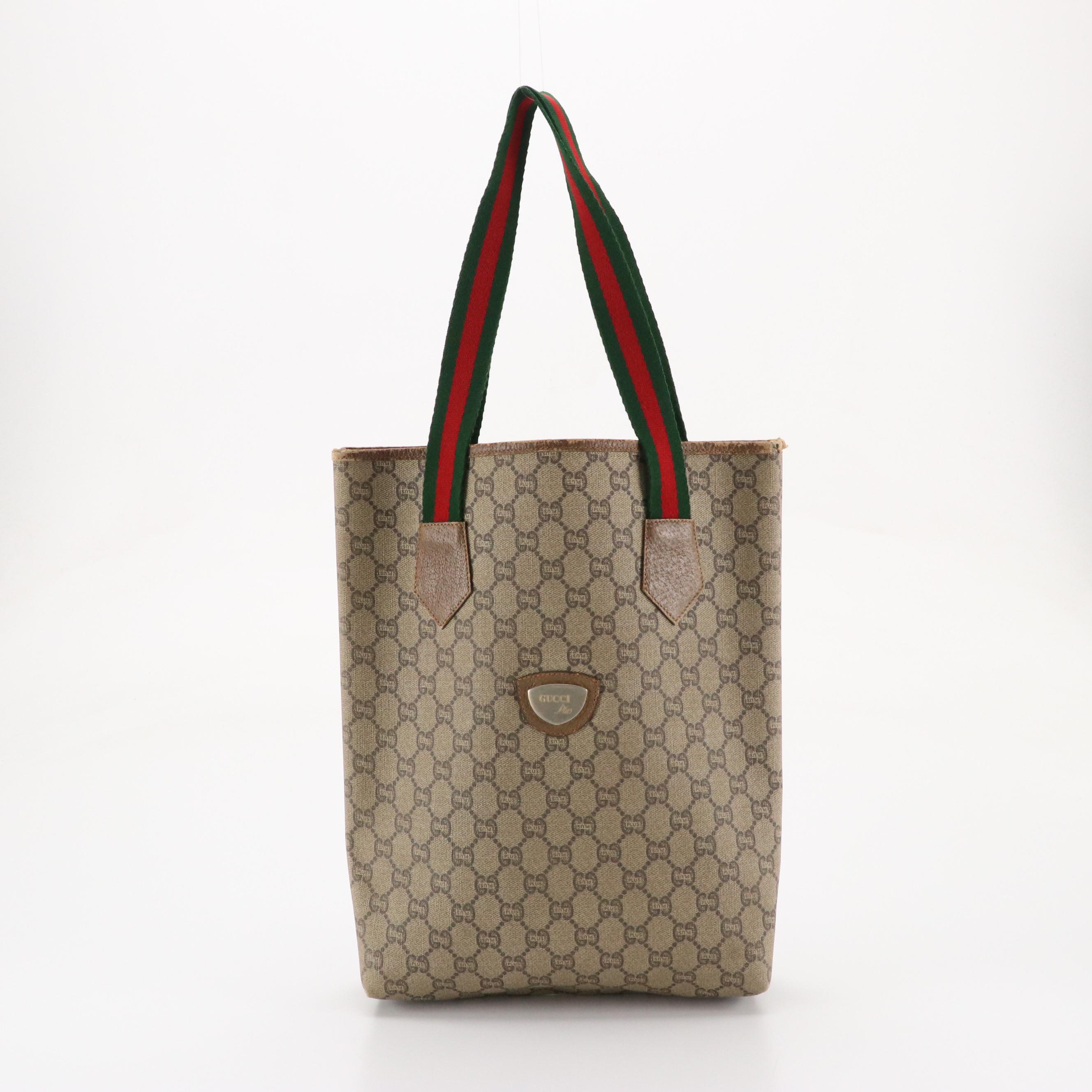 Gucci Plus Vertical Tote in GG Plus Canvas, Leather Trim and Web Straps