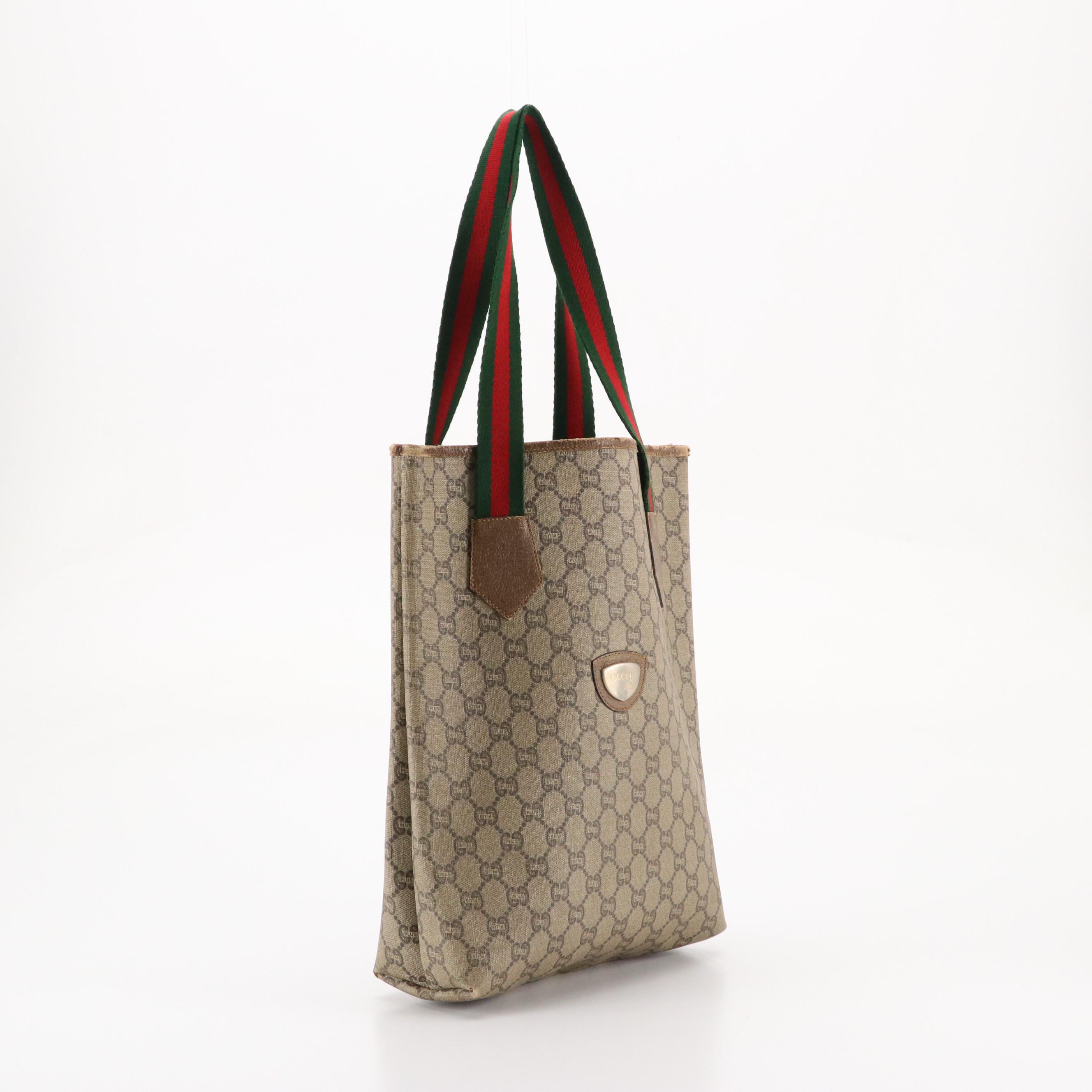 Gucci Plus Vertical Tote in GG Plus Canvas, Leather Trim and Web Straps