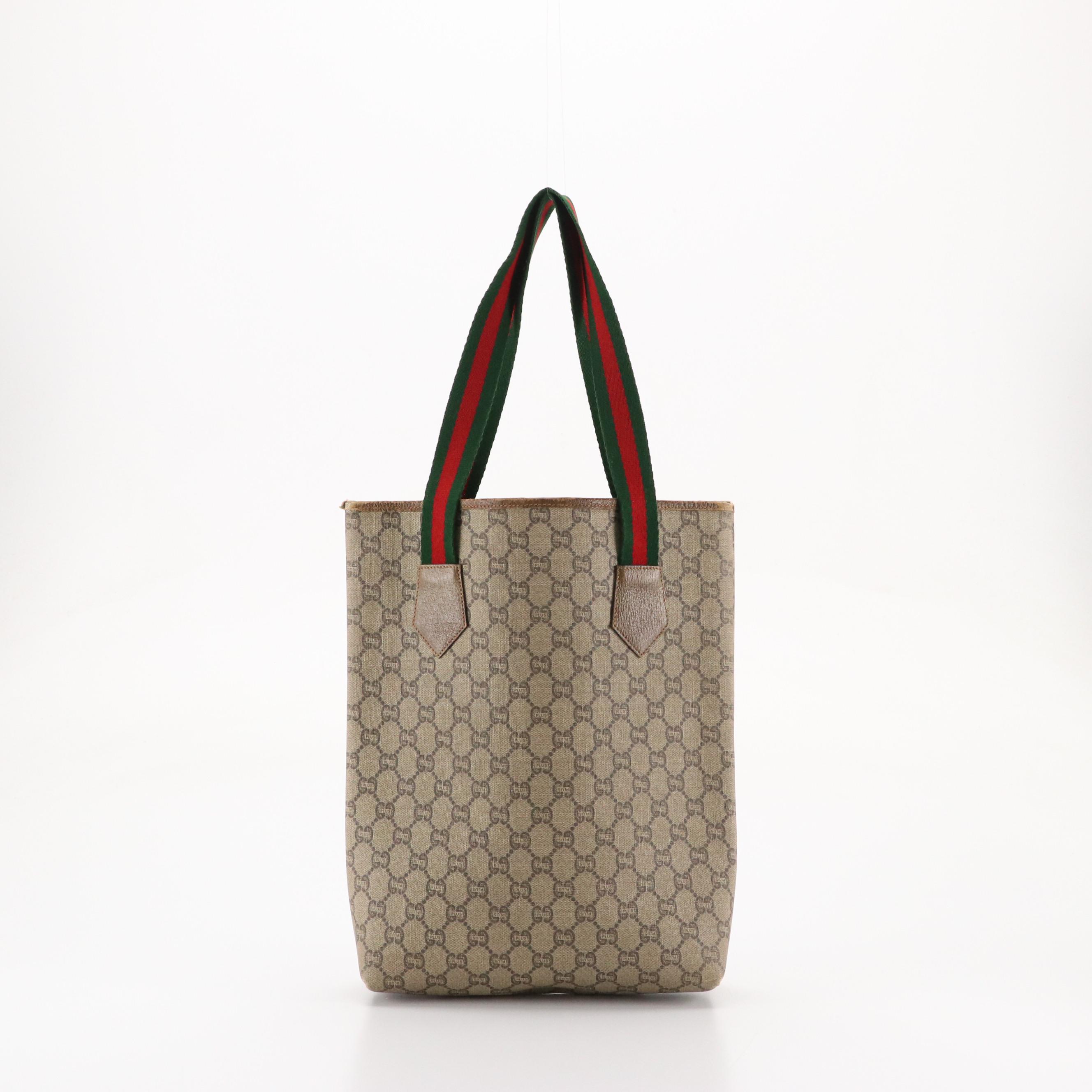 Gucci Plus Vertical Tote in GG Plus Canvas, Leather Trim and Web Straps