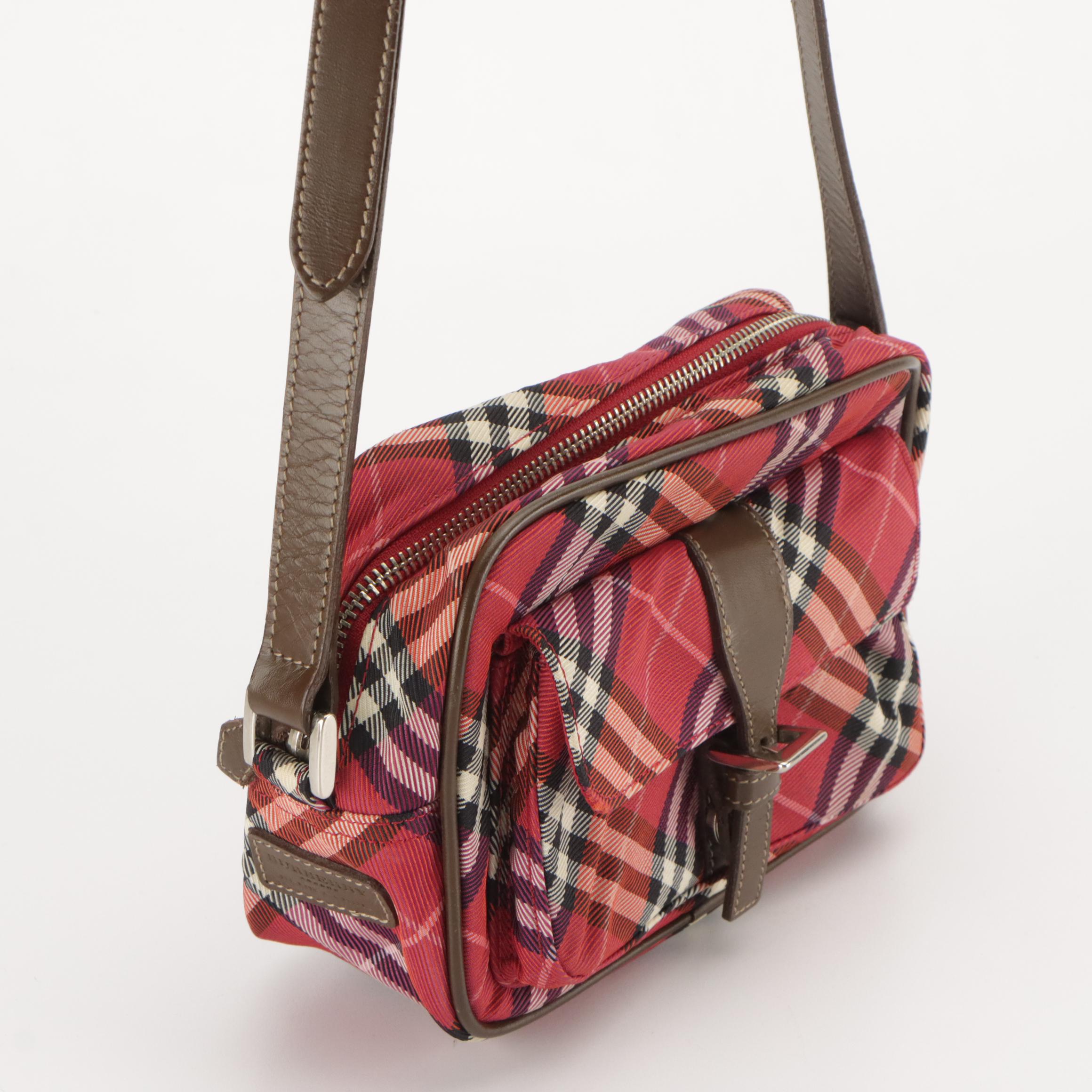 Burberry Blue Label Crossbody Bag in Red Nova Check Canvas and Brown Leather