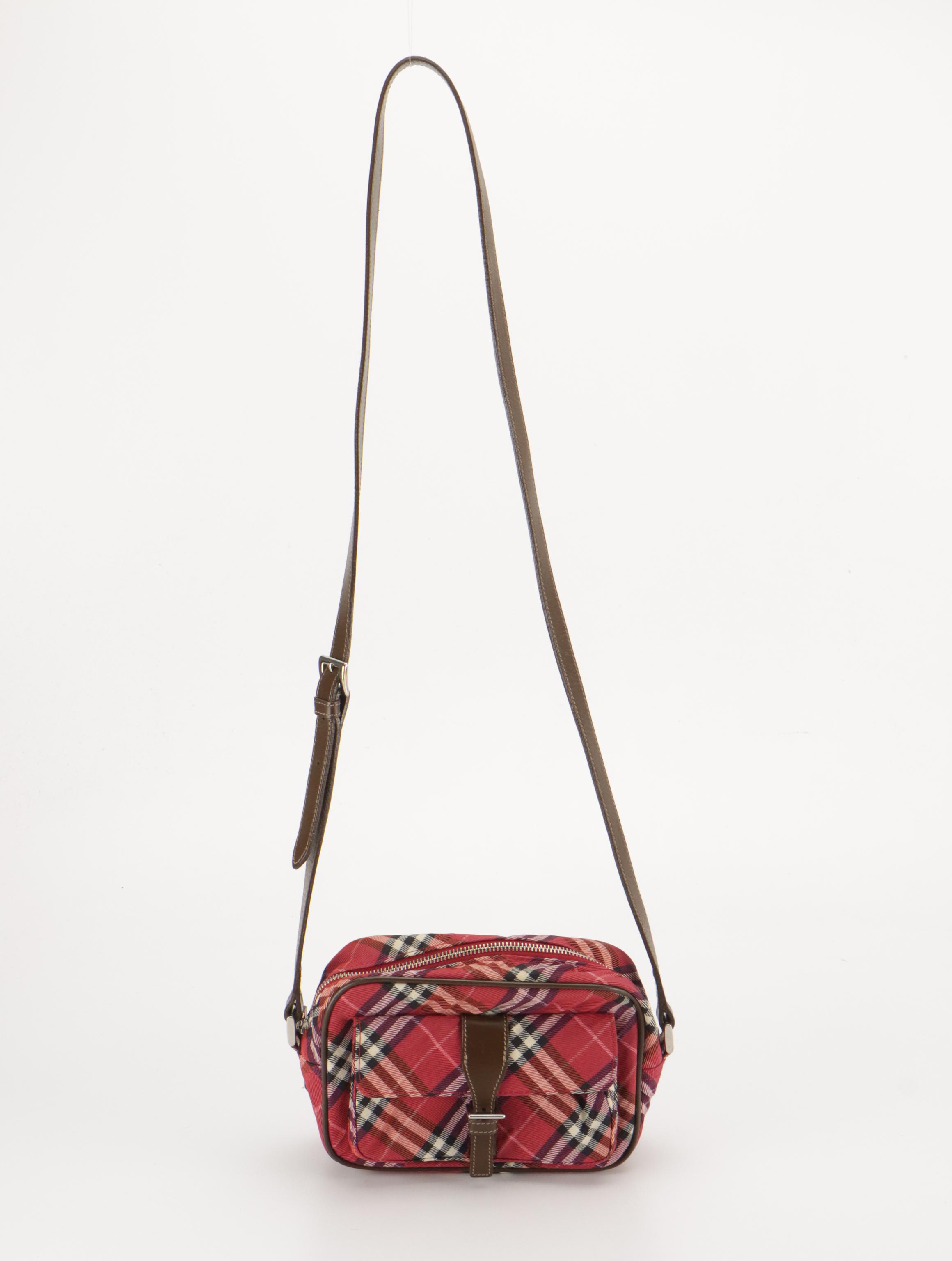 Burberry Blue Label Crossbody Bag in Red Nova Check Canvas and Brown Leather