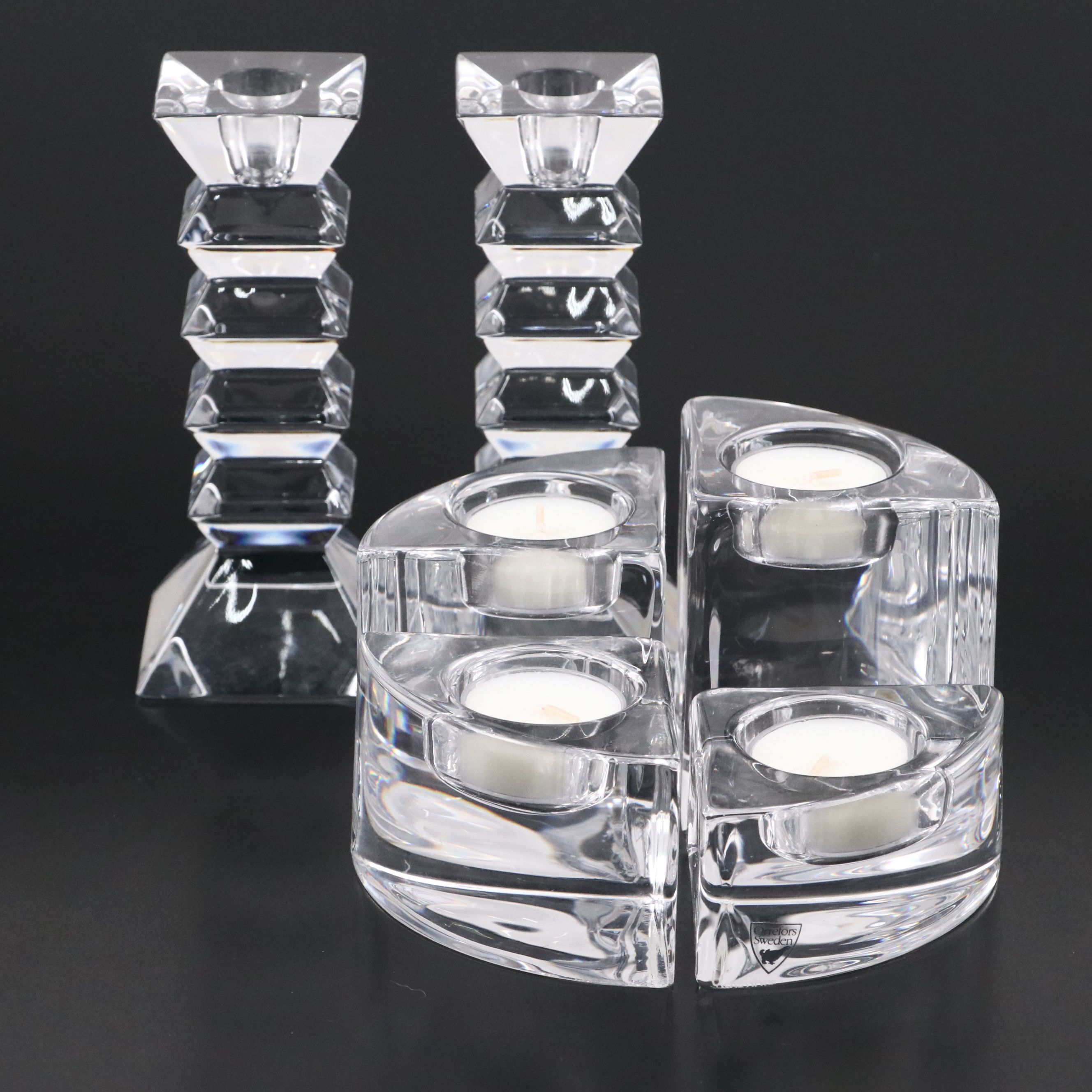 Orrefors Crystal Tea Light Holders with Candlestick Pair