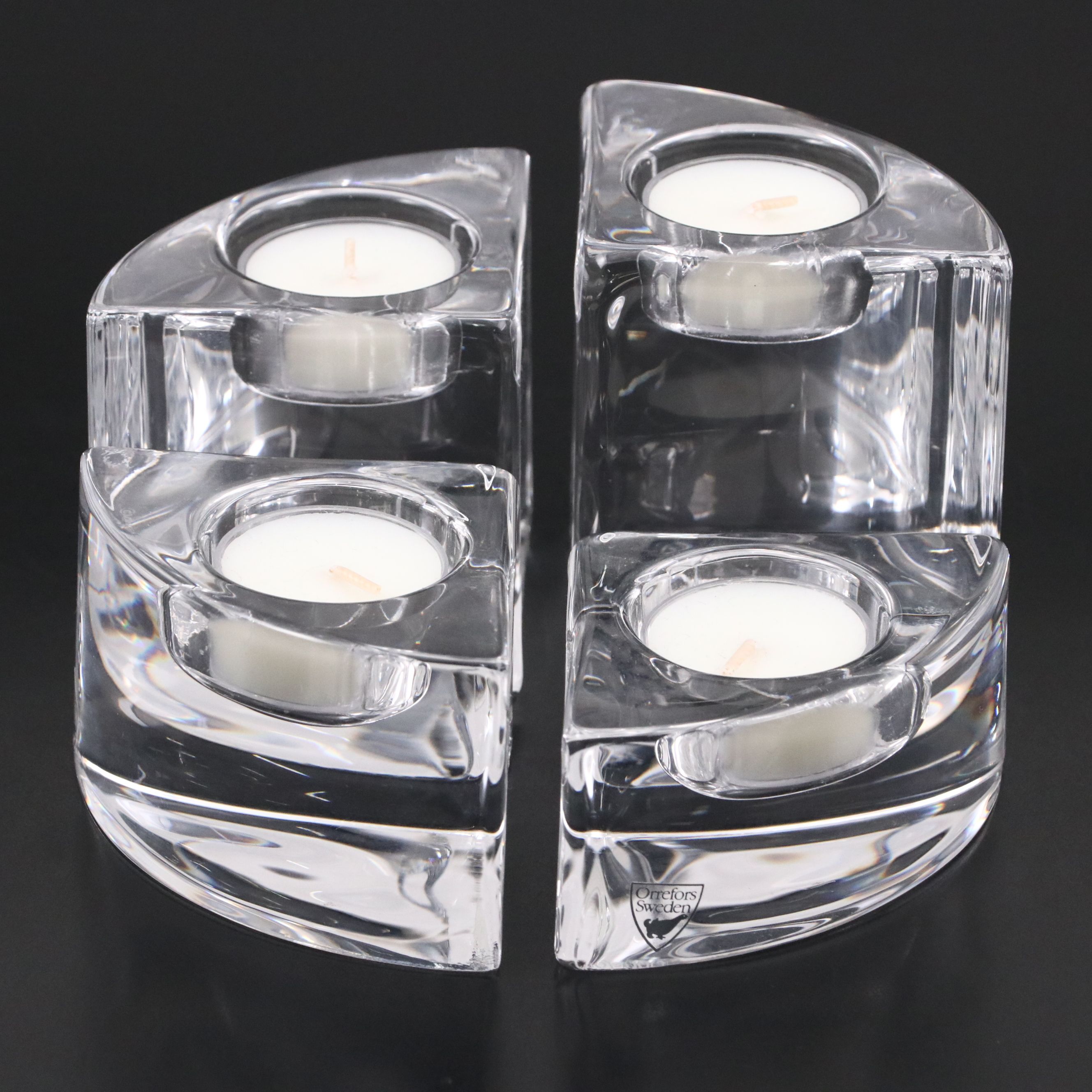 Orrefors Crystal Tea Light Holders with Candlestick Pair