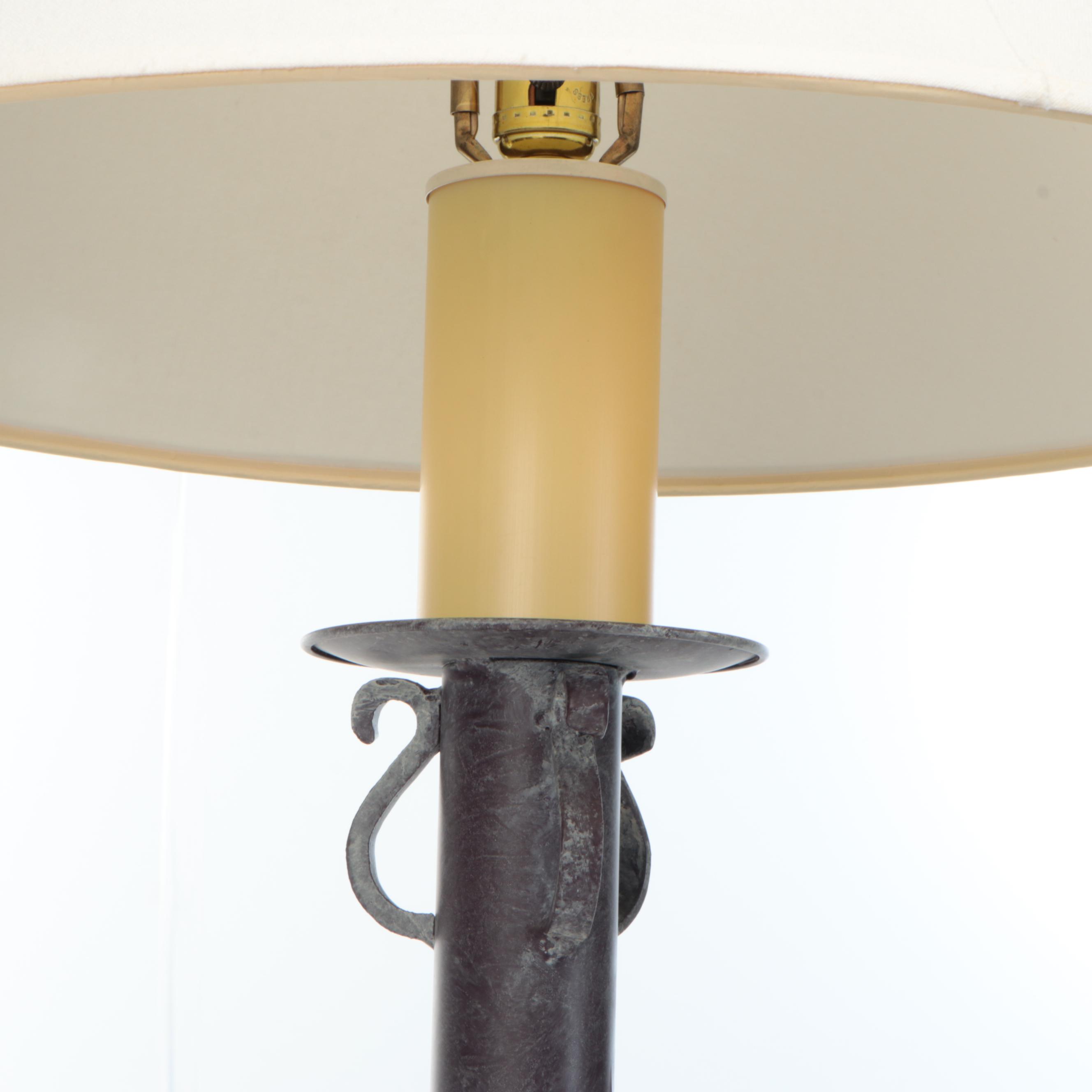 Pair of Benchmade Iron Candlestick Table Lamps with Cotton Shades