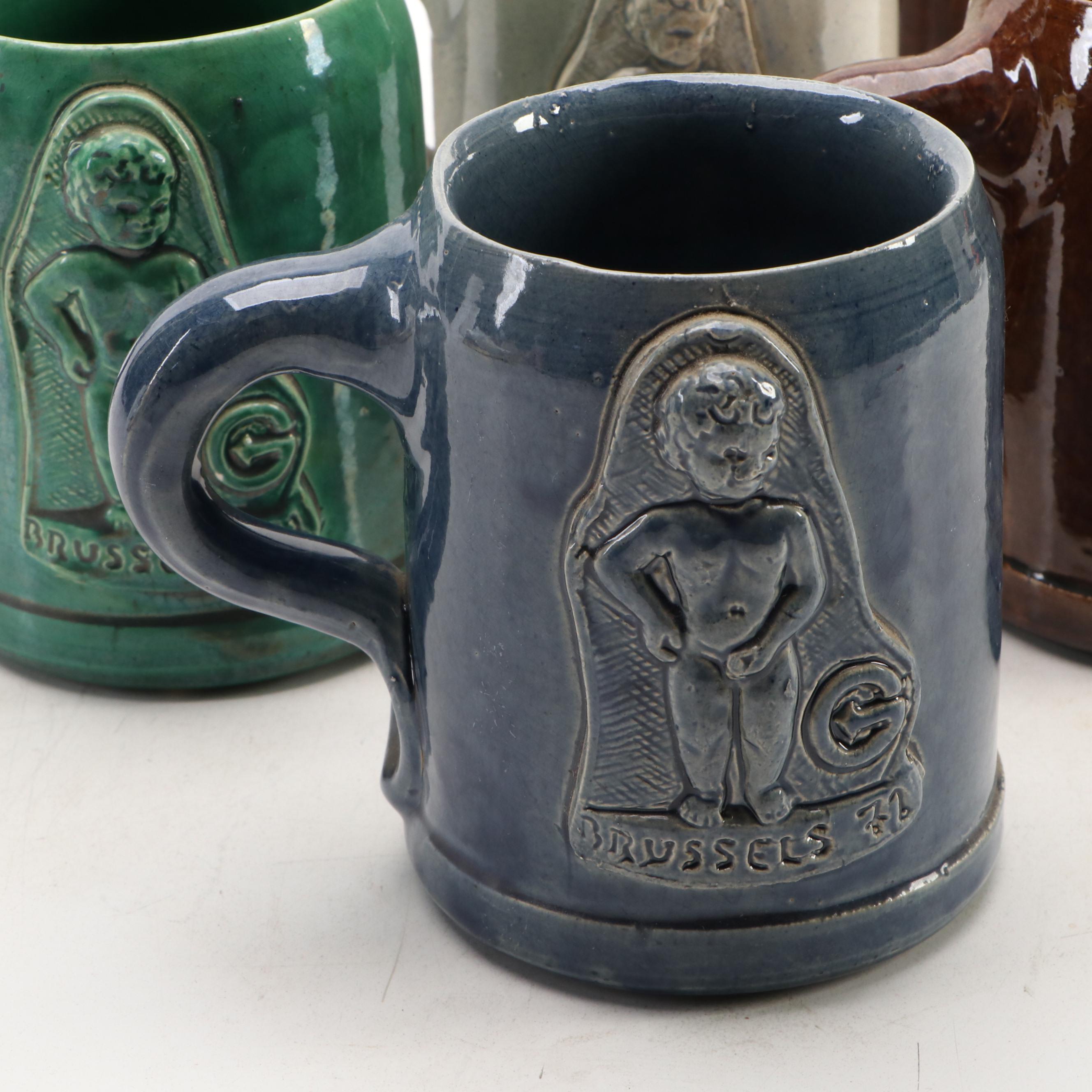 Noseda Kuurne Figural Brussels Stoneware Mugs, 1970s