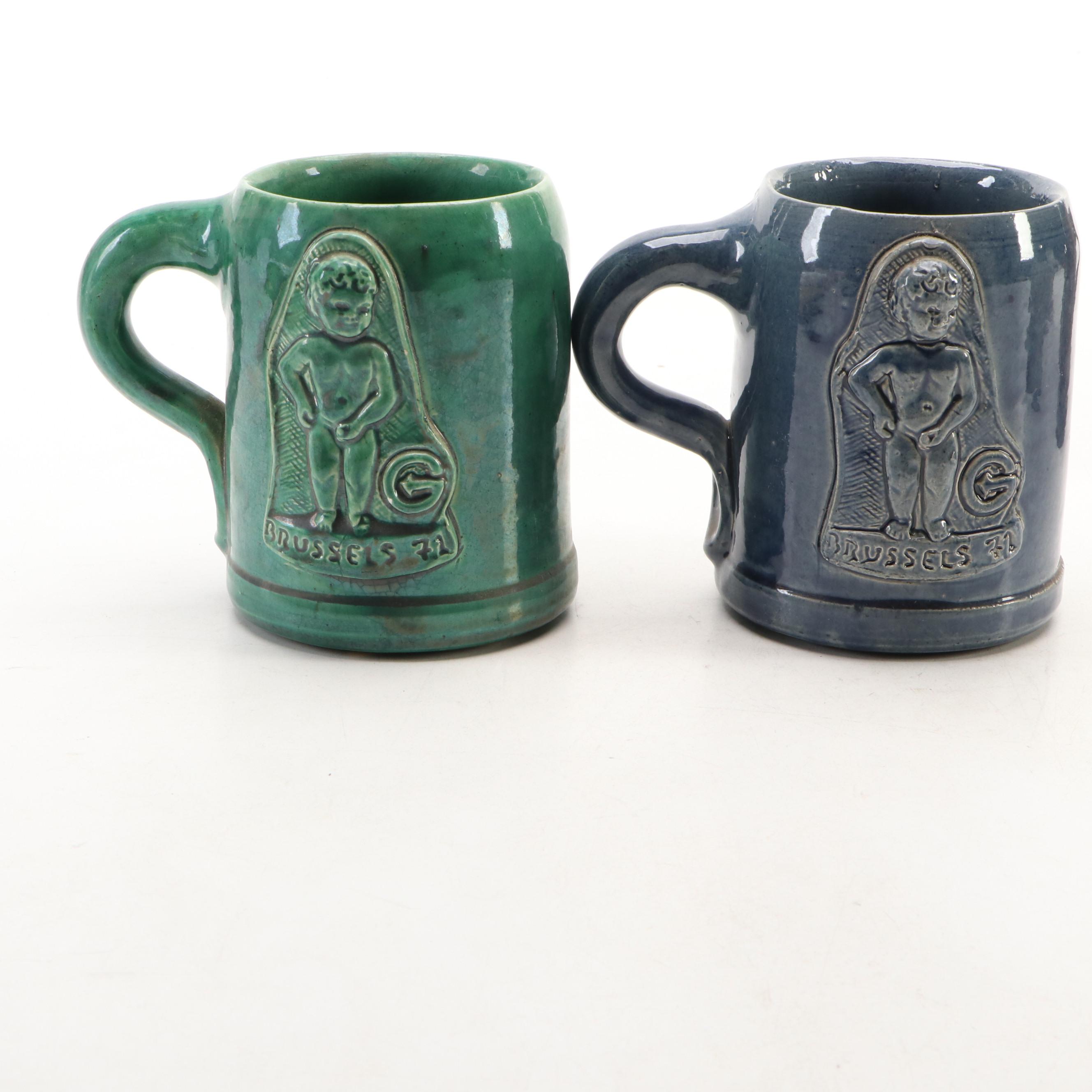 Noseda Kuurne Figural Brussels Stoneware Mugs, 1970s