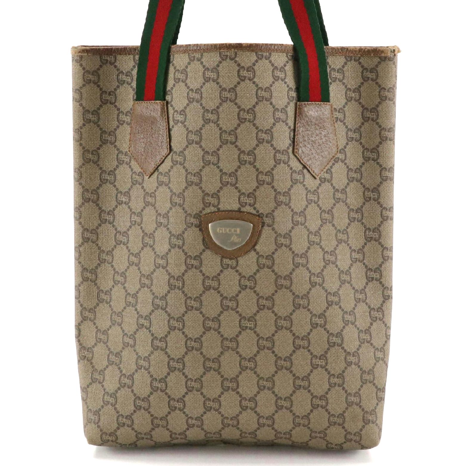 Gucci Plus Vertical Tote in GG Plus Canvas, Leather Trim and Web Straps