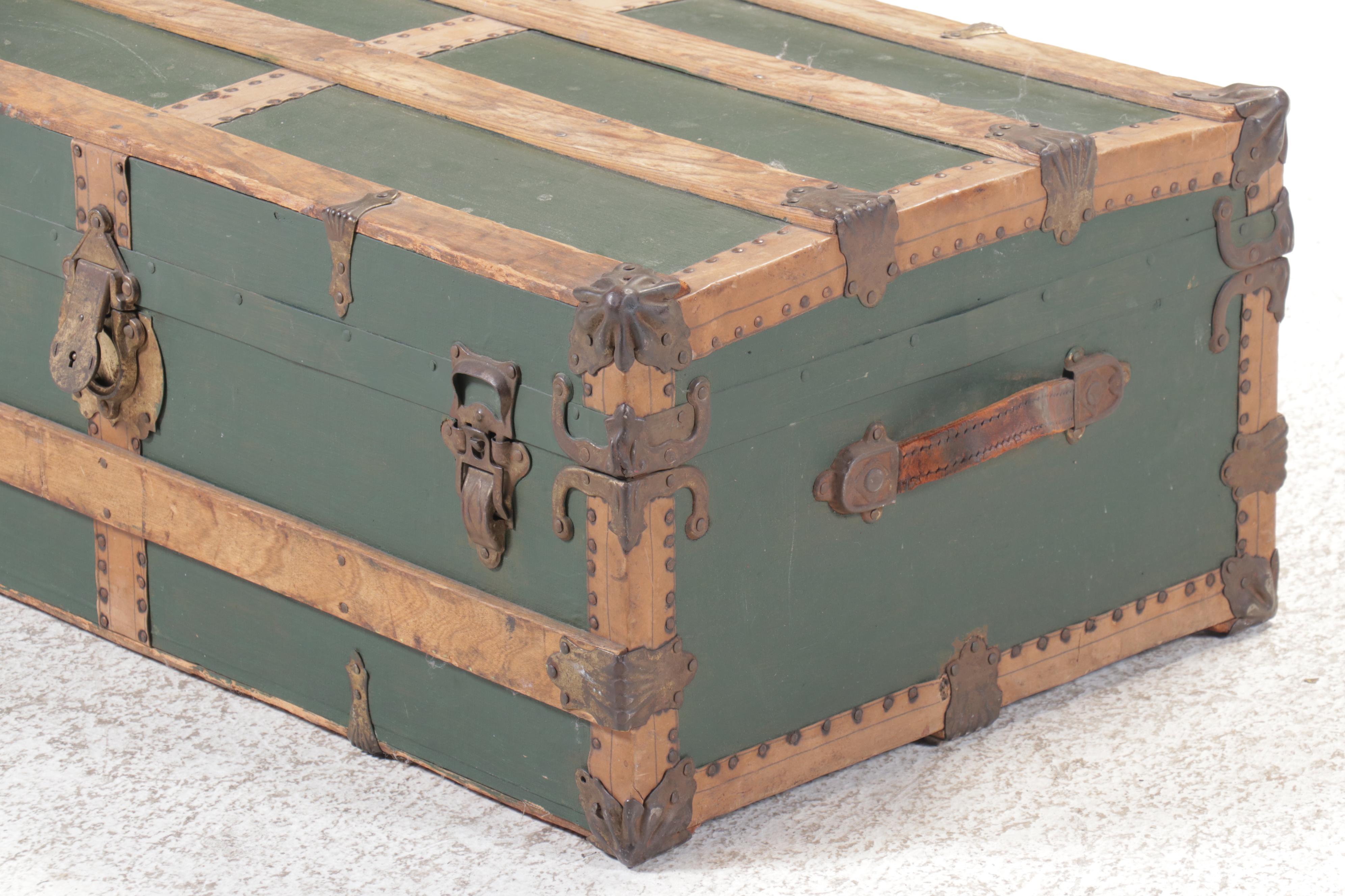 Oak-Bound Green-Painted Wood Steamer Trunk, Early 20th Century