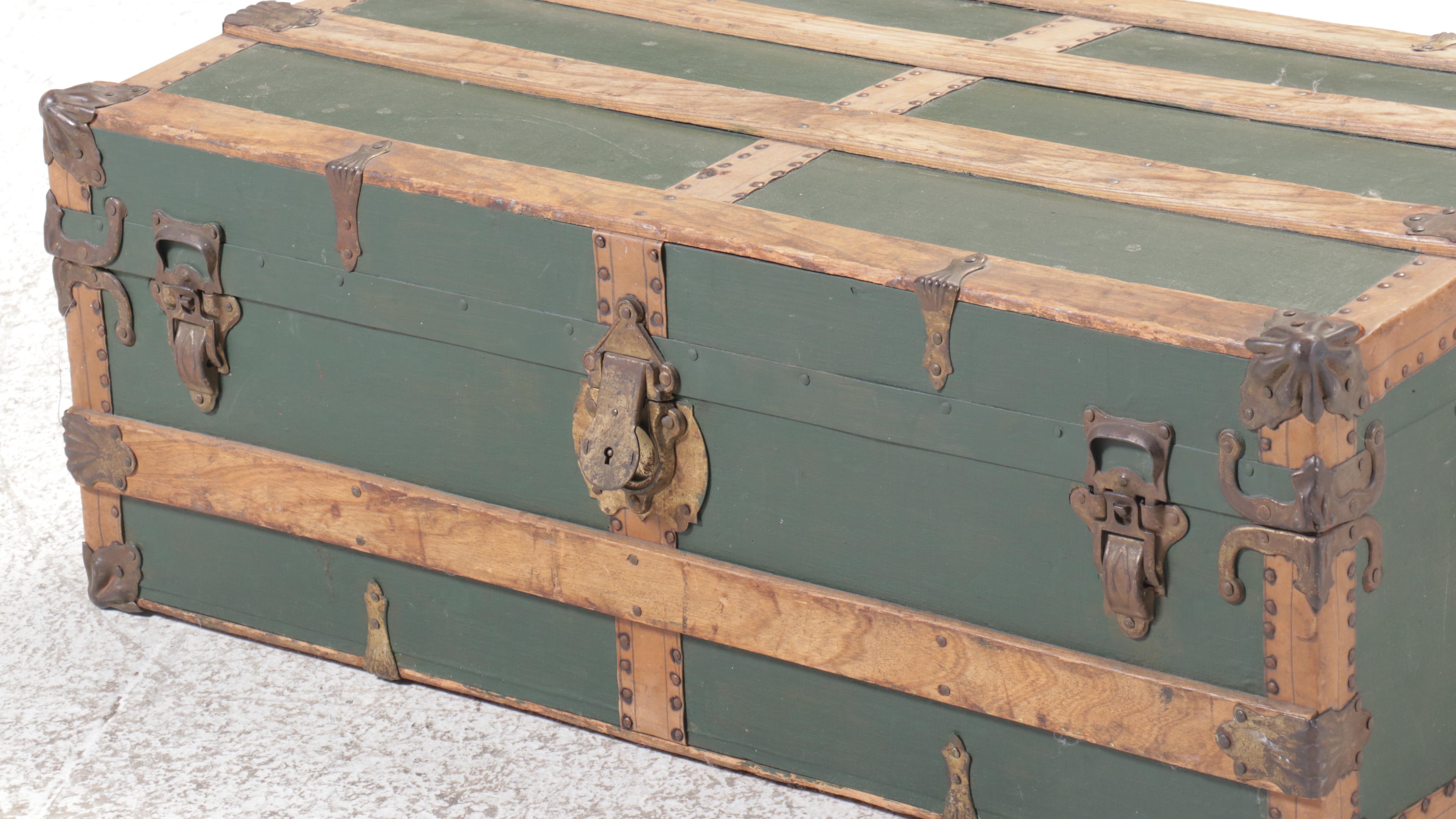 Oak-Bound Green-Painted Wood Steamer Trunk, Early 20th Century