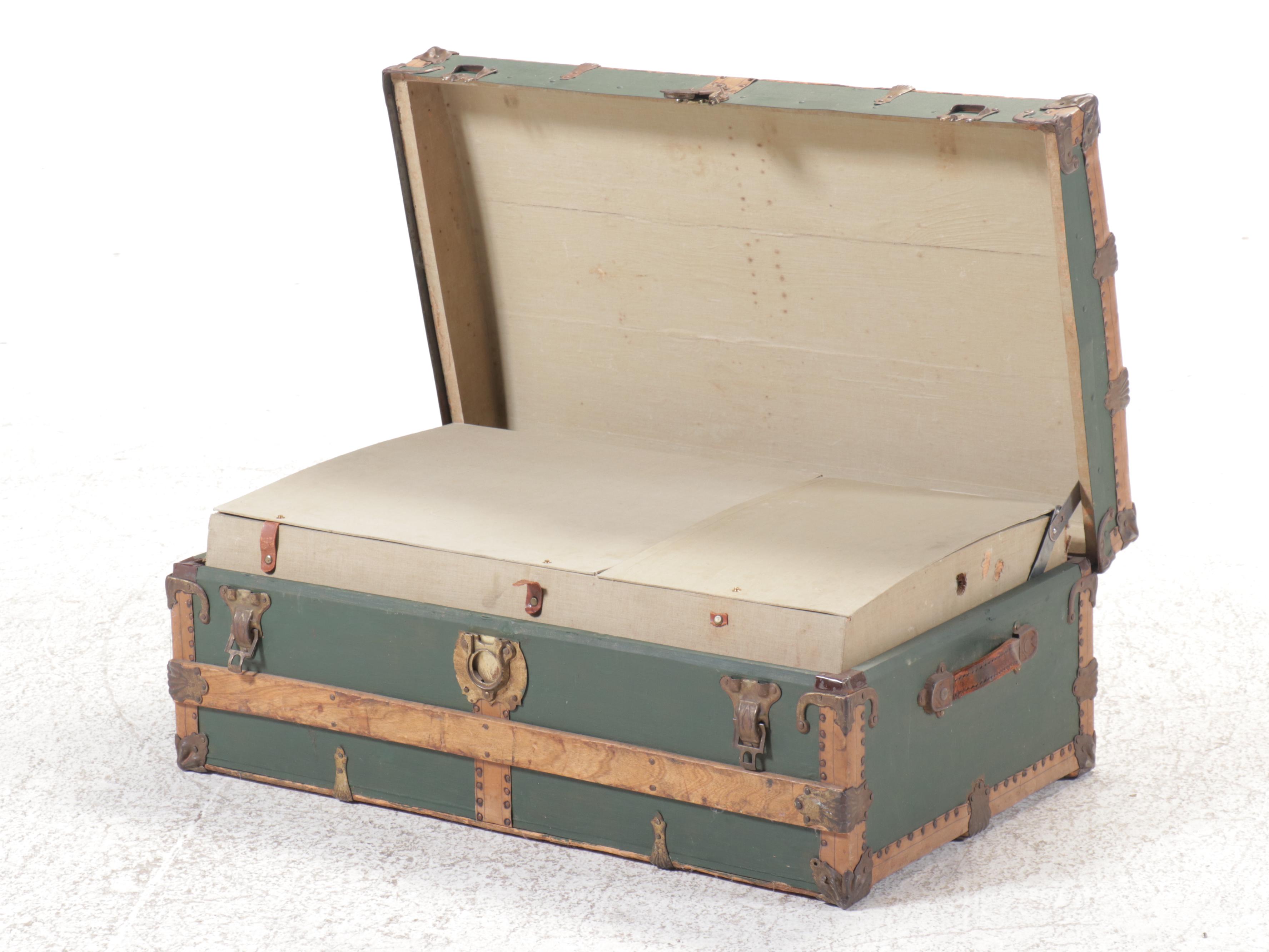 Oak-Bound Green-Painted Wood Steamer Trunk, Early 20th Century