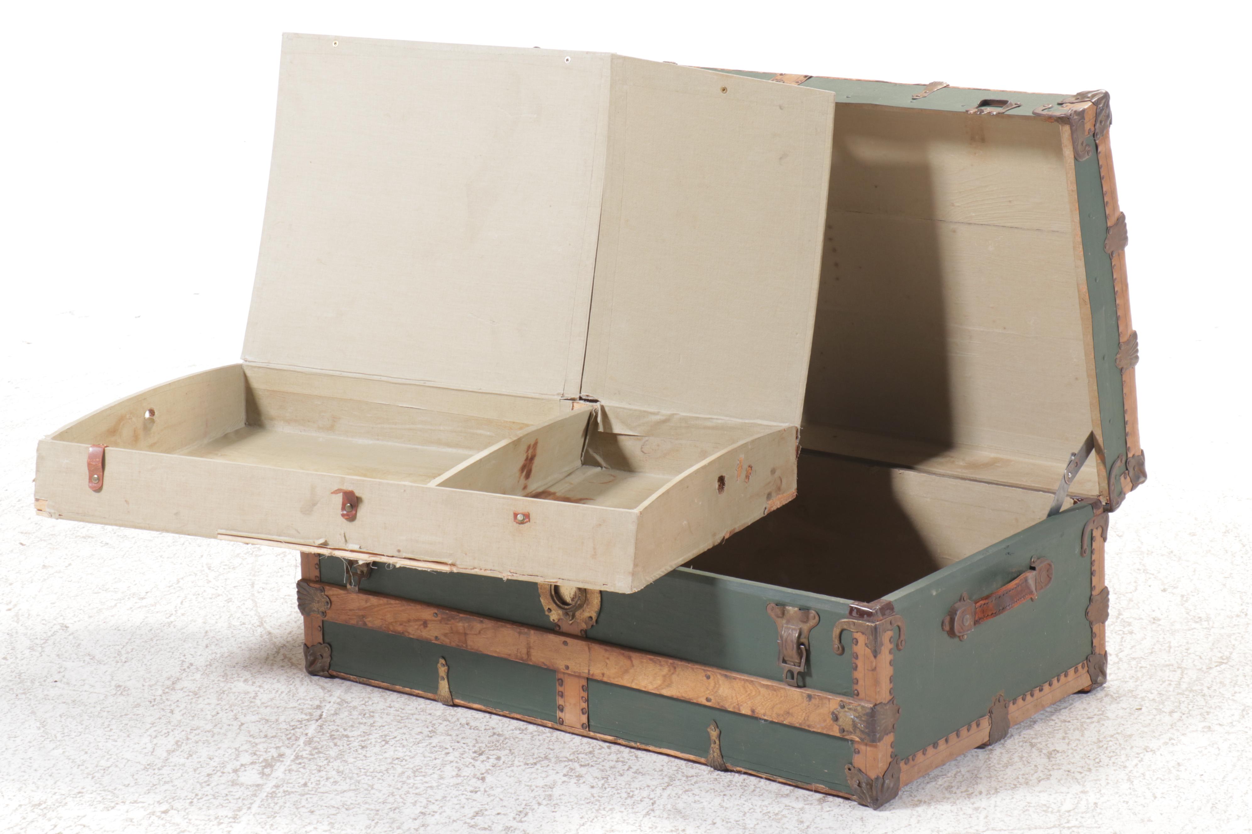 Oak-Bound Green-Painted Wood Steamer Trunk, Early 20th Century