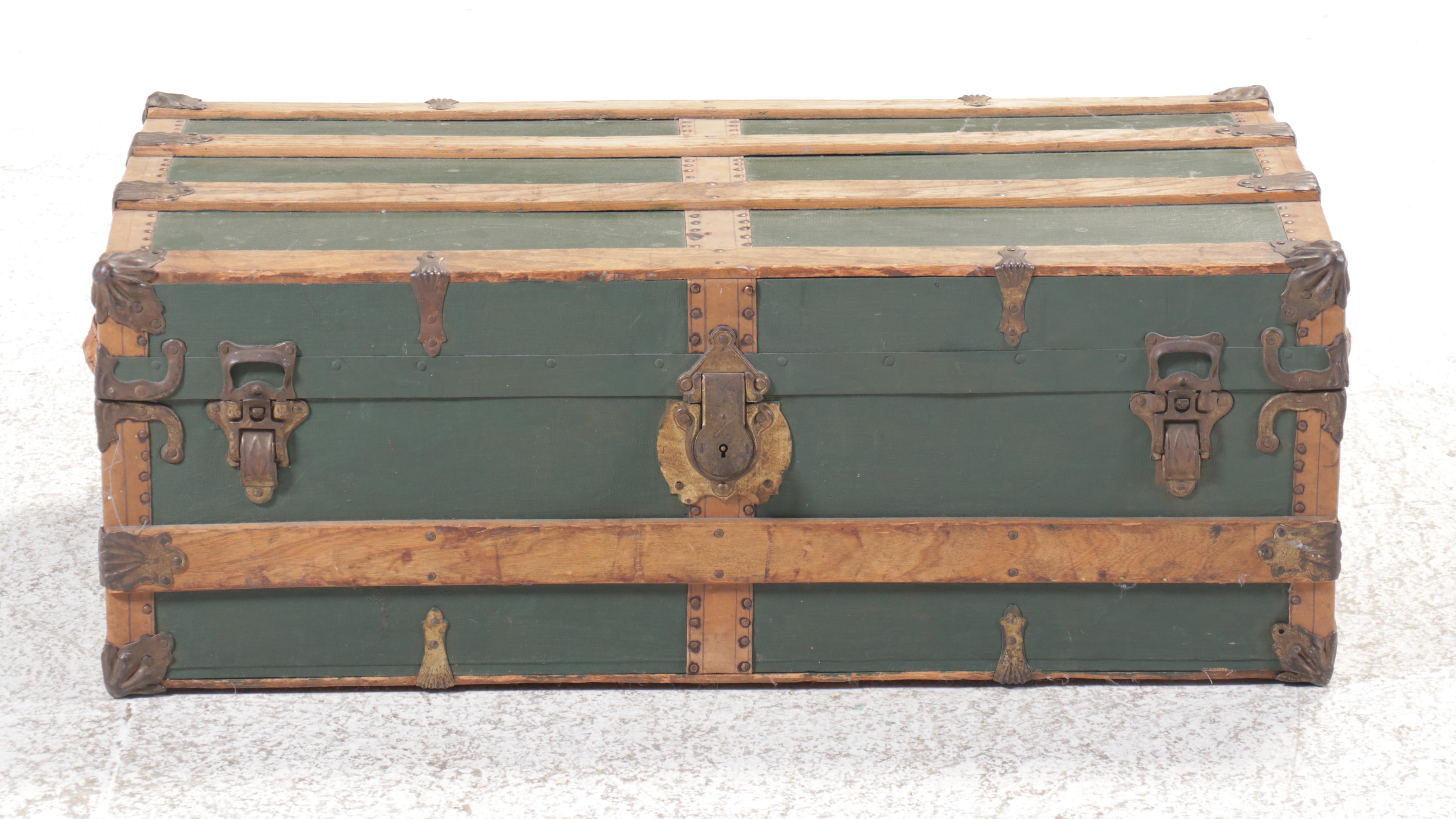 Oak-Bound Green-Painted Wood Steamer Trunk, Early 20th Century