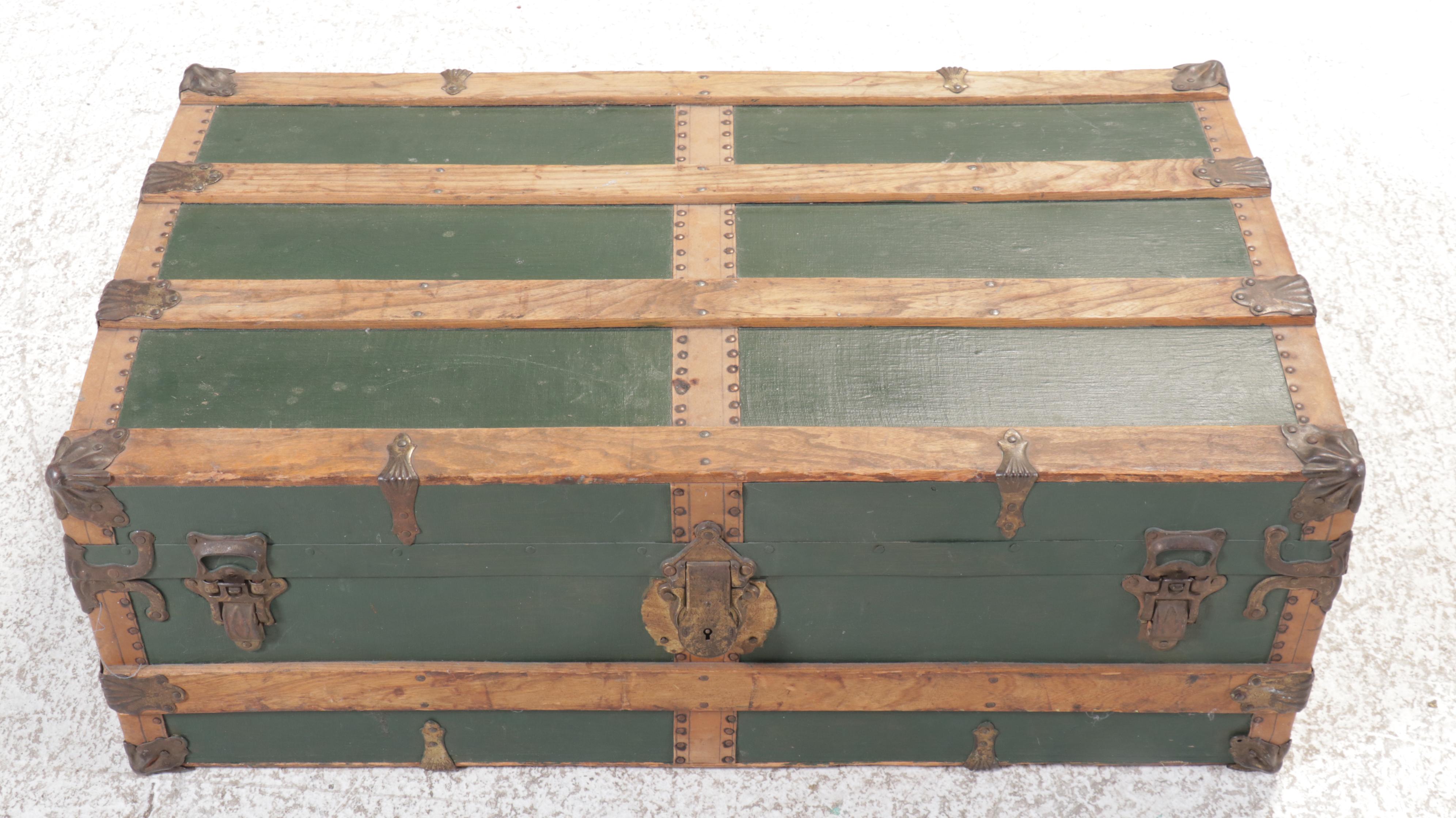 Oak-Bound Green-Painted Wood Steamer Trunk, Early 20th Century