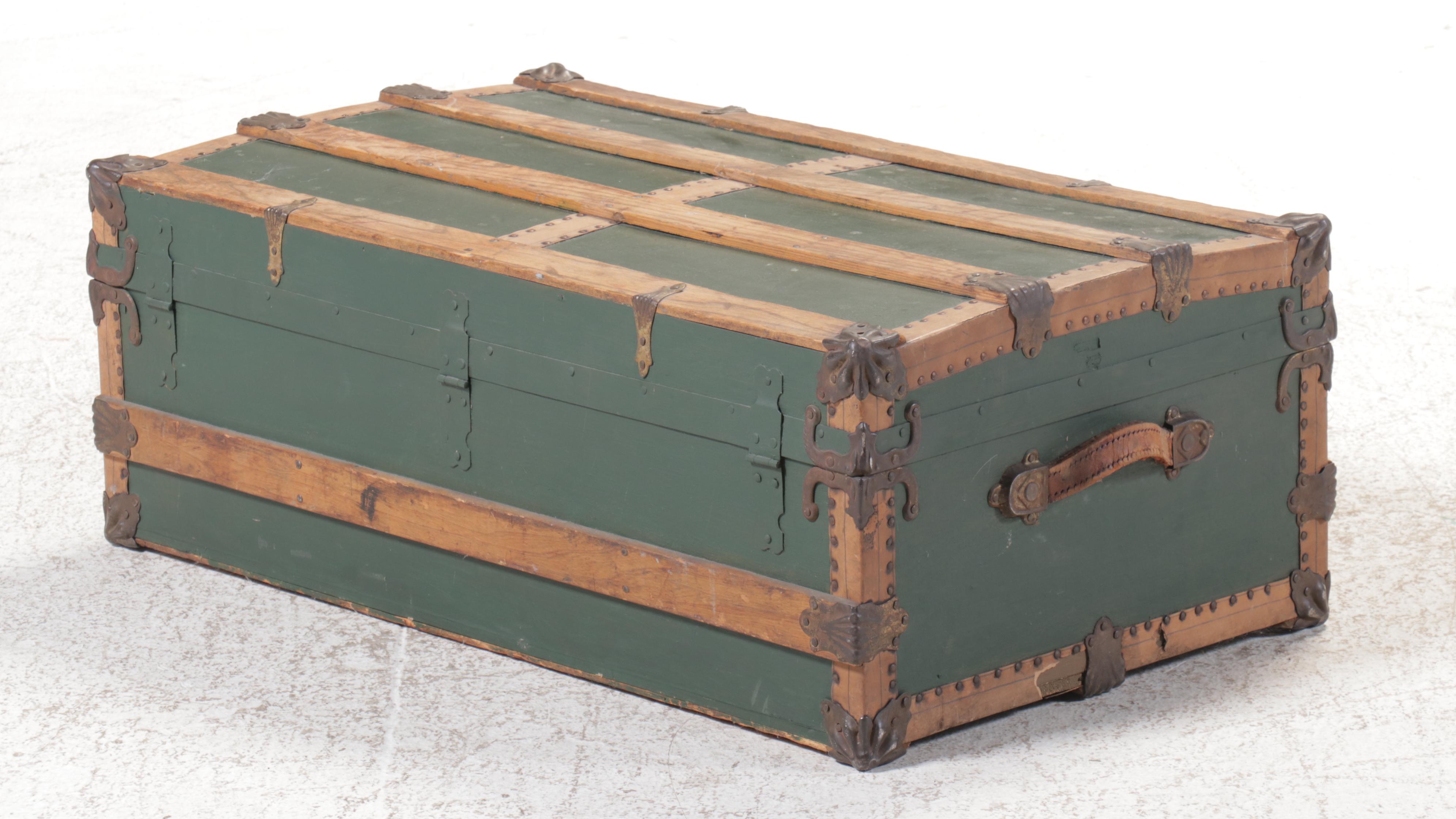 Oak-Bound Green-Painted Wood Steamer Trunk, Early 20th Century