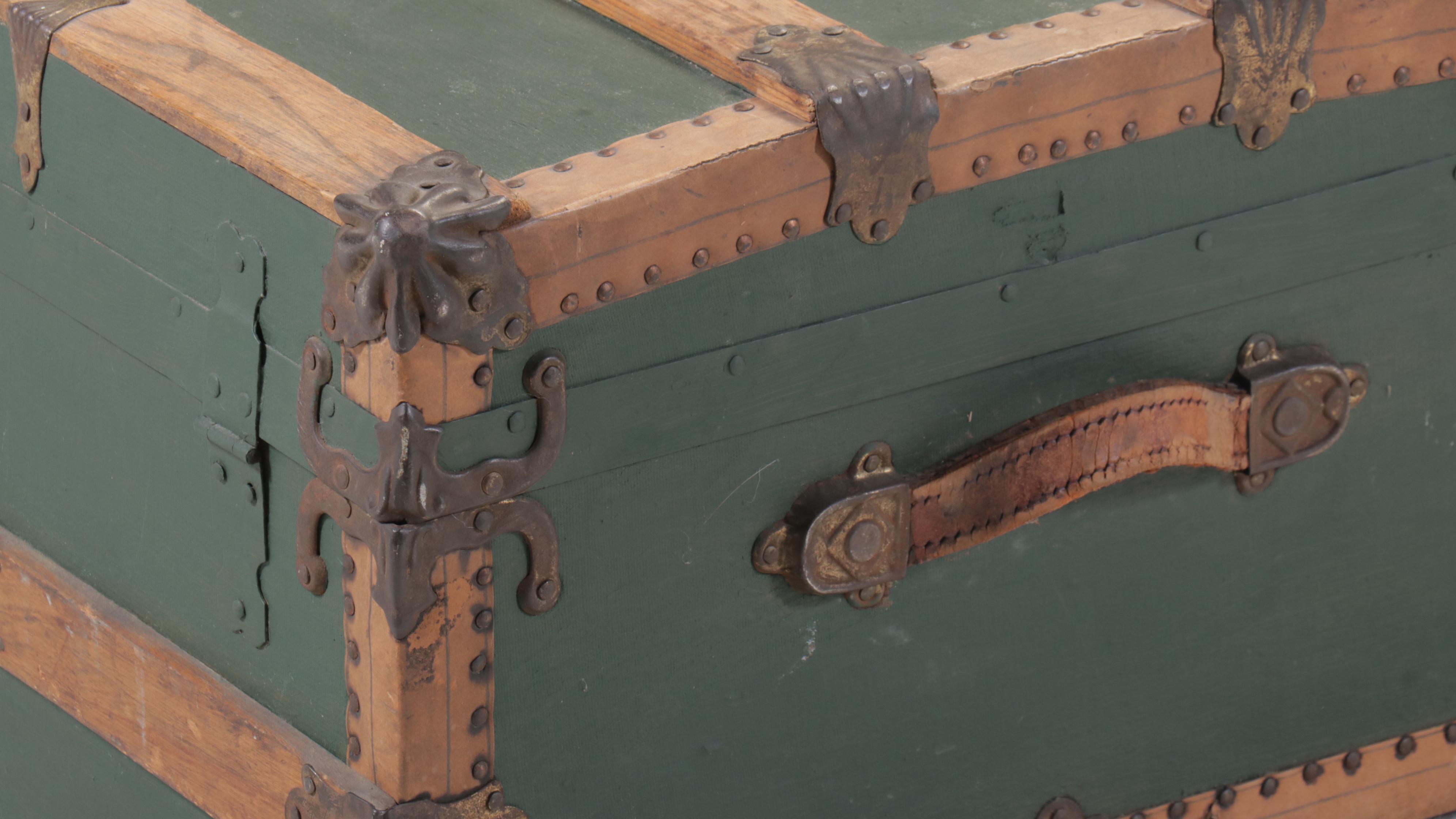 Oak-Bound Green-Painted Wood Steamer Trunk, Early 20th Century