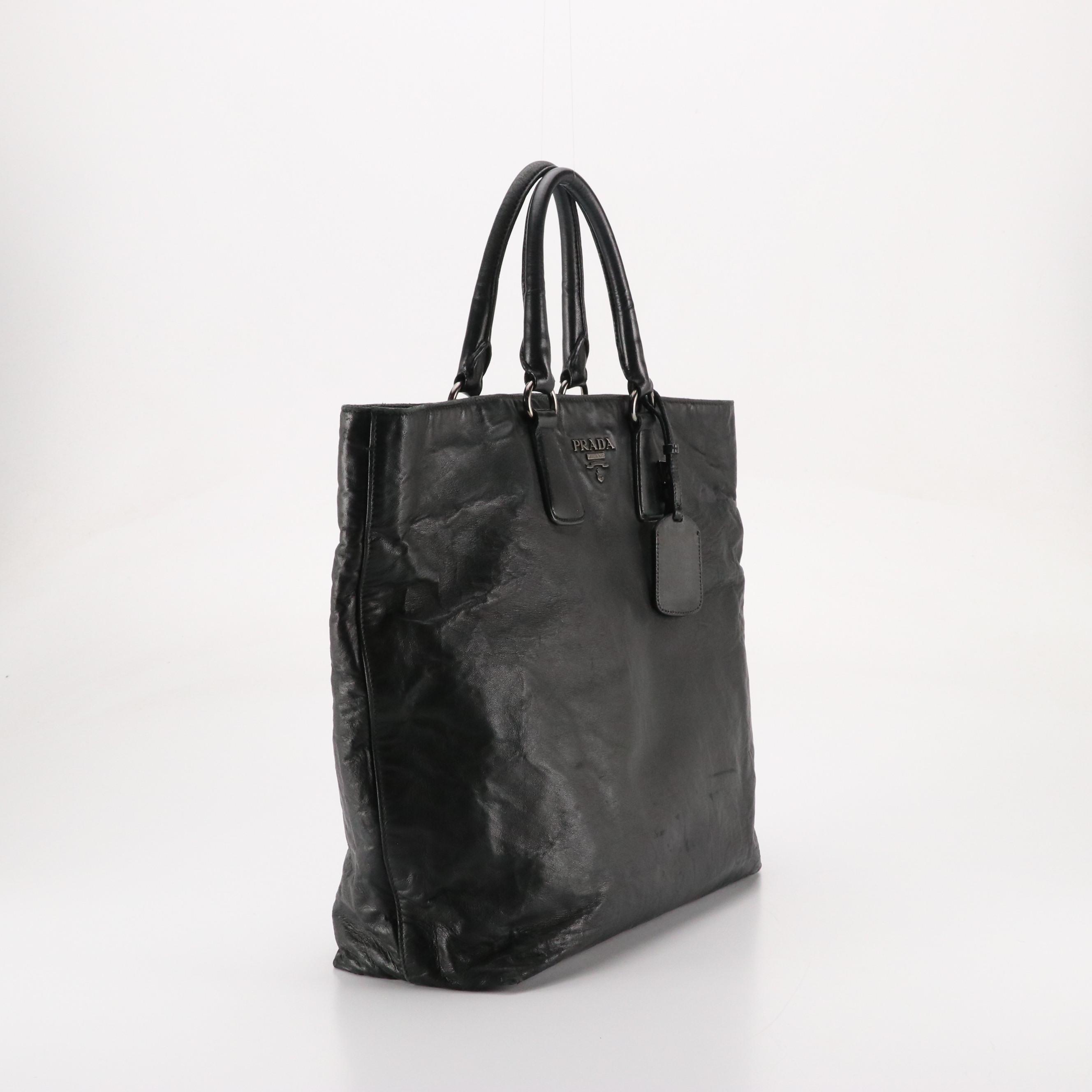 Prada Top Handle Shopper Tote in Black Crinkled Calfskin Leather