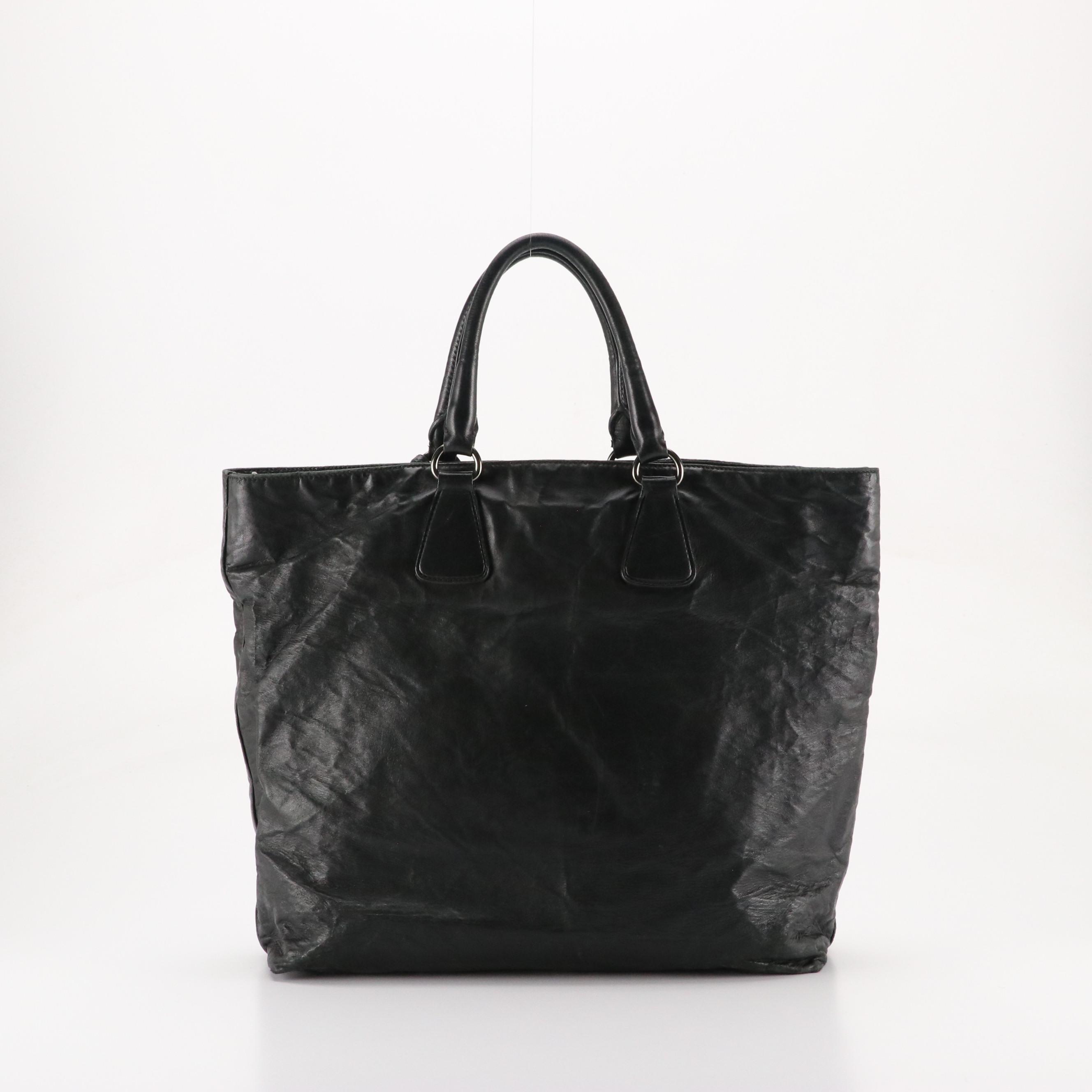 Prada Top Handle Shopper Tote in Black Crinkled Calfskin Leather