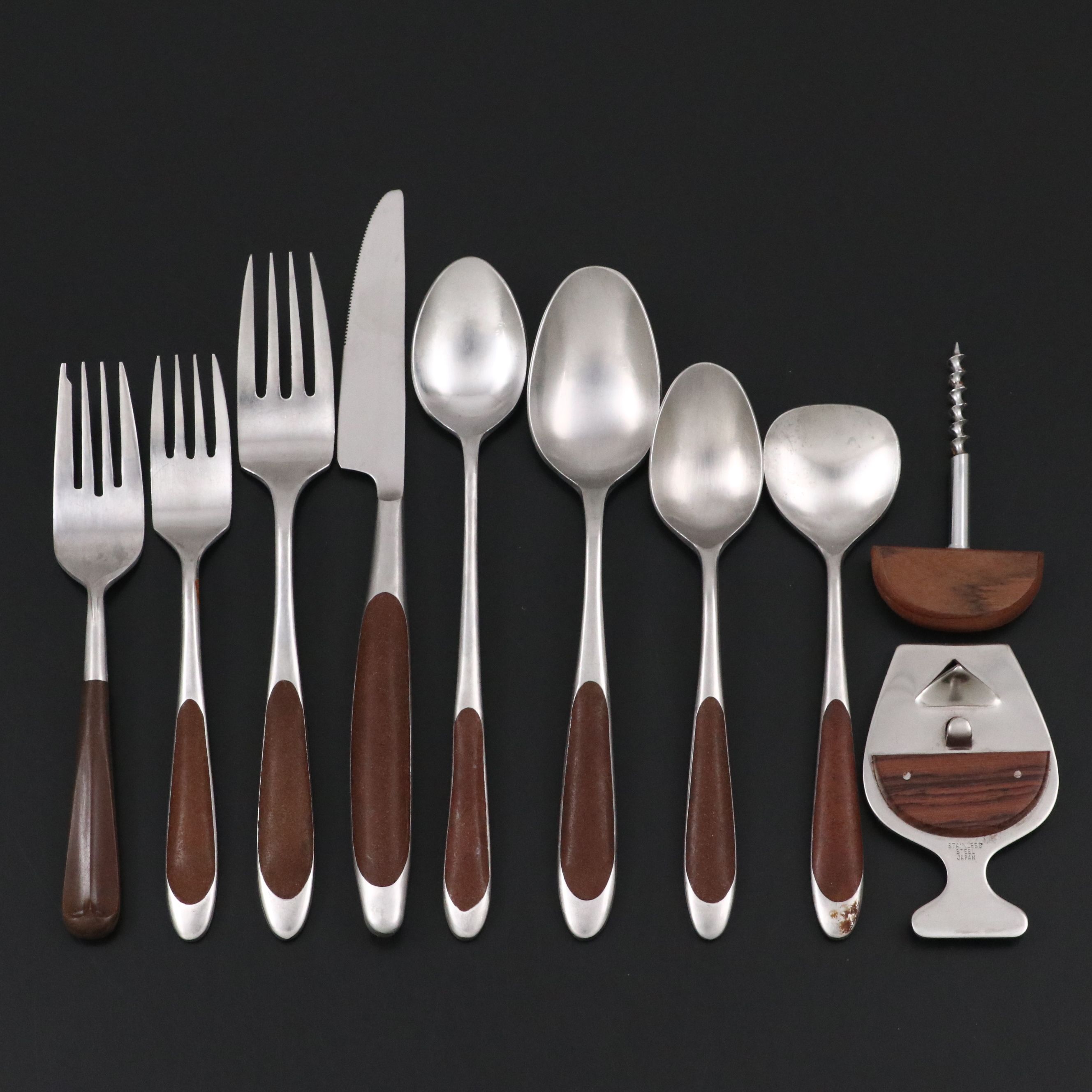 Stanley Roberts "Cameo" Stainless Steel Wood Handled Flatware and Bottle Opener