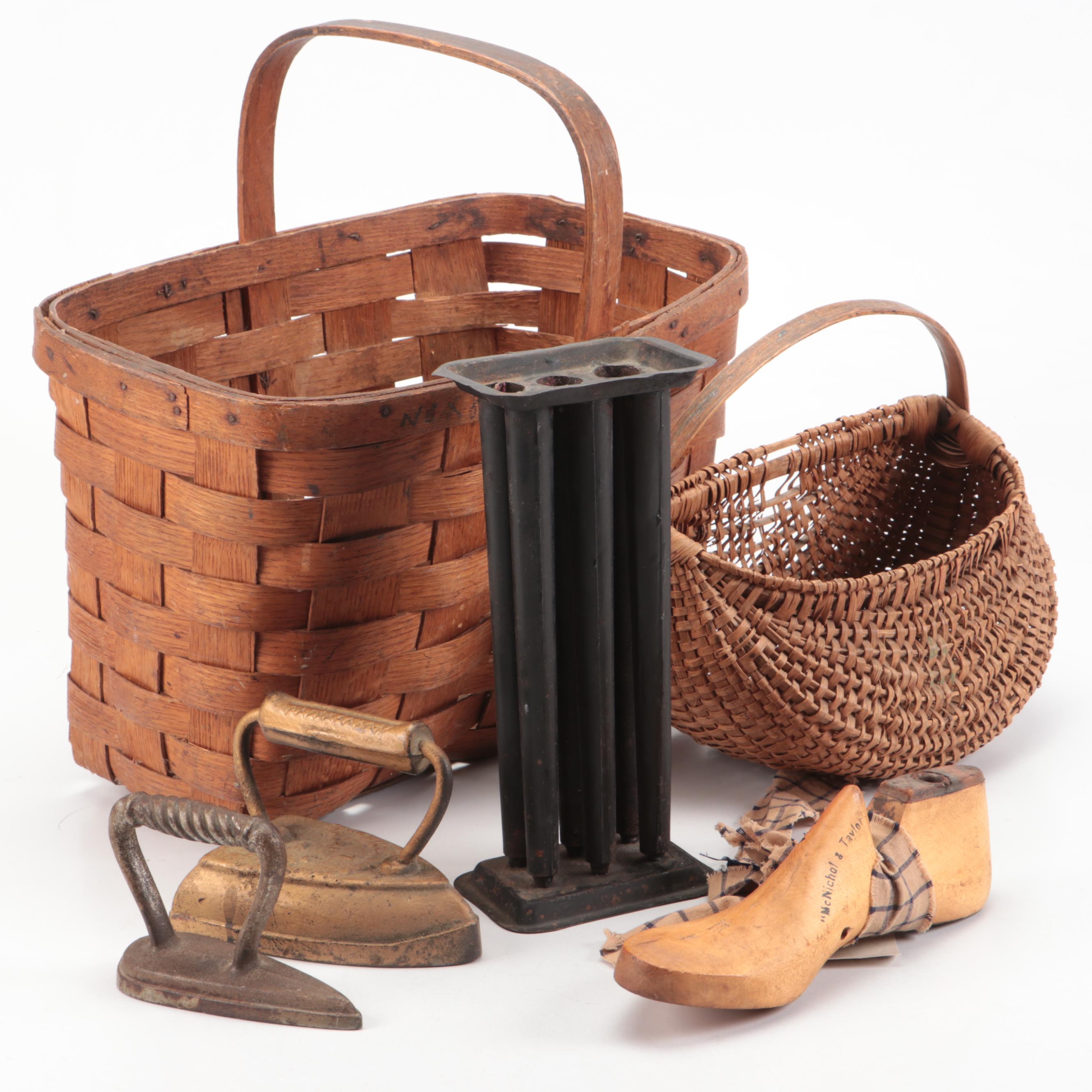 Primitive Style Handwoven Baskets, Sad Irons and More