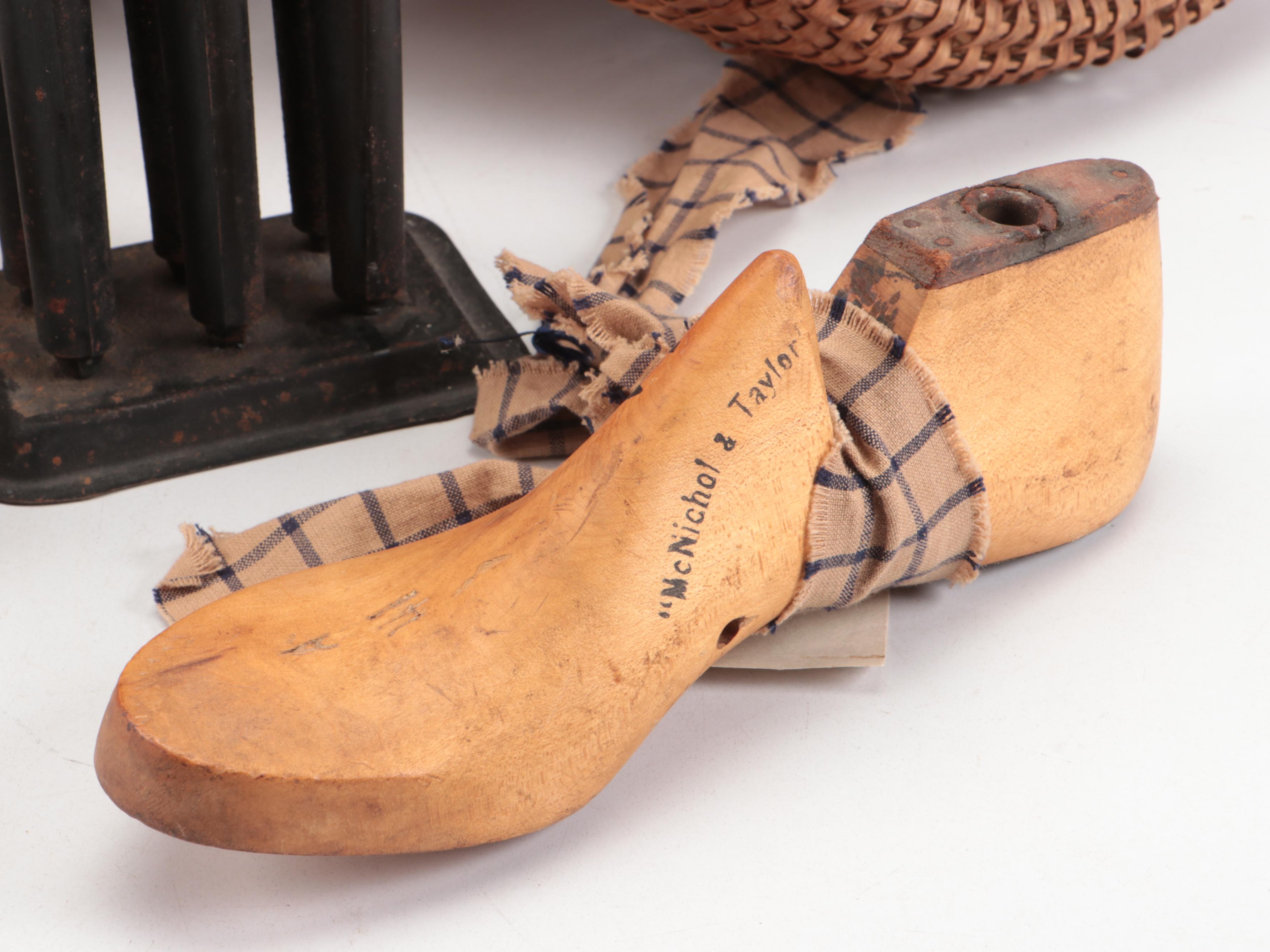 Primitive Style Handwoven Baskets, Sad Irons and More