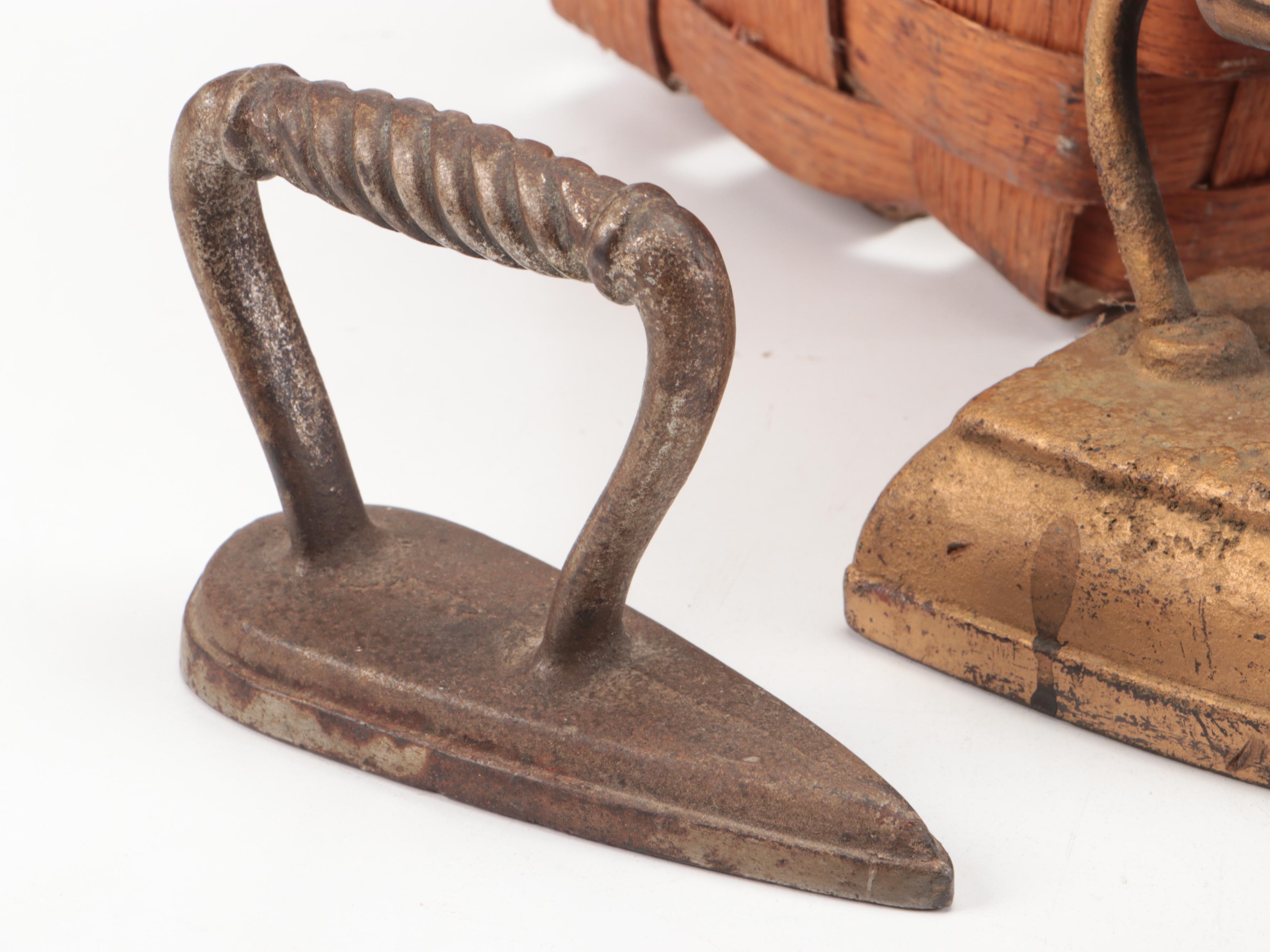 Primitive Style Handwoven Baskets, Sad Irons and More