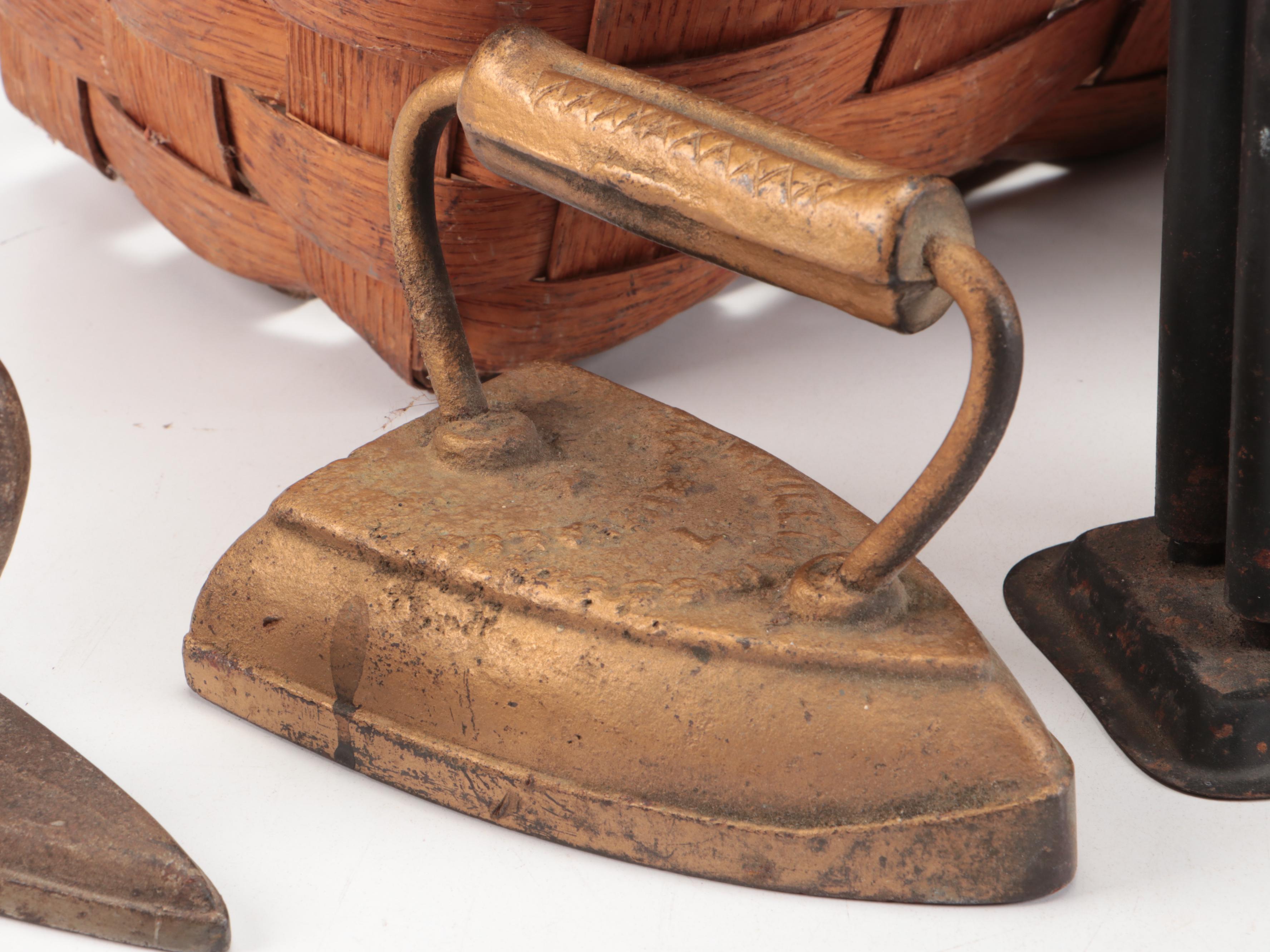 Primitive Style Handwoven Baskets, Sad Irons and More