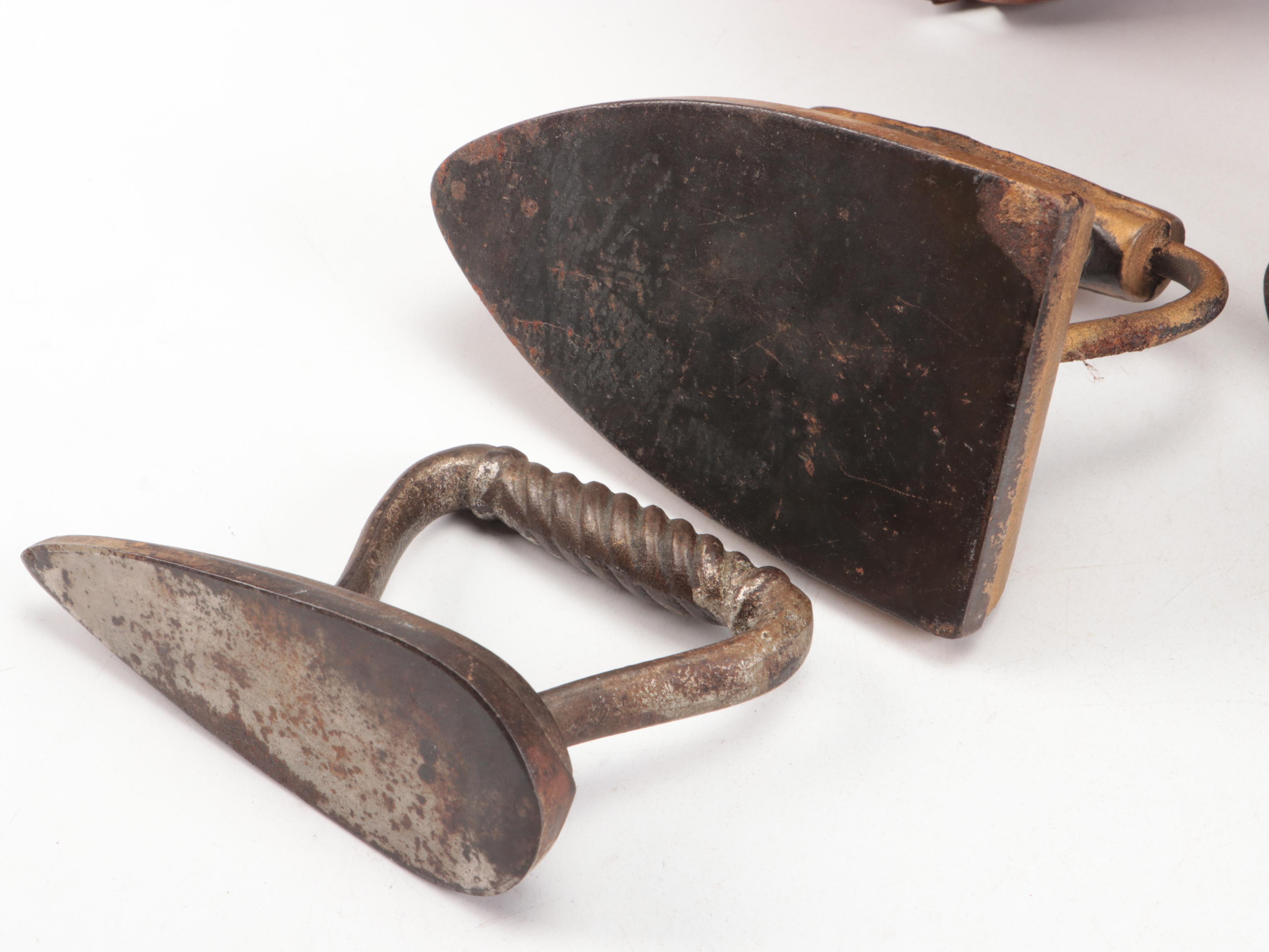 Primitive Style Handwoven Baskets, Sad Irons and More