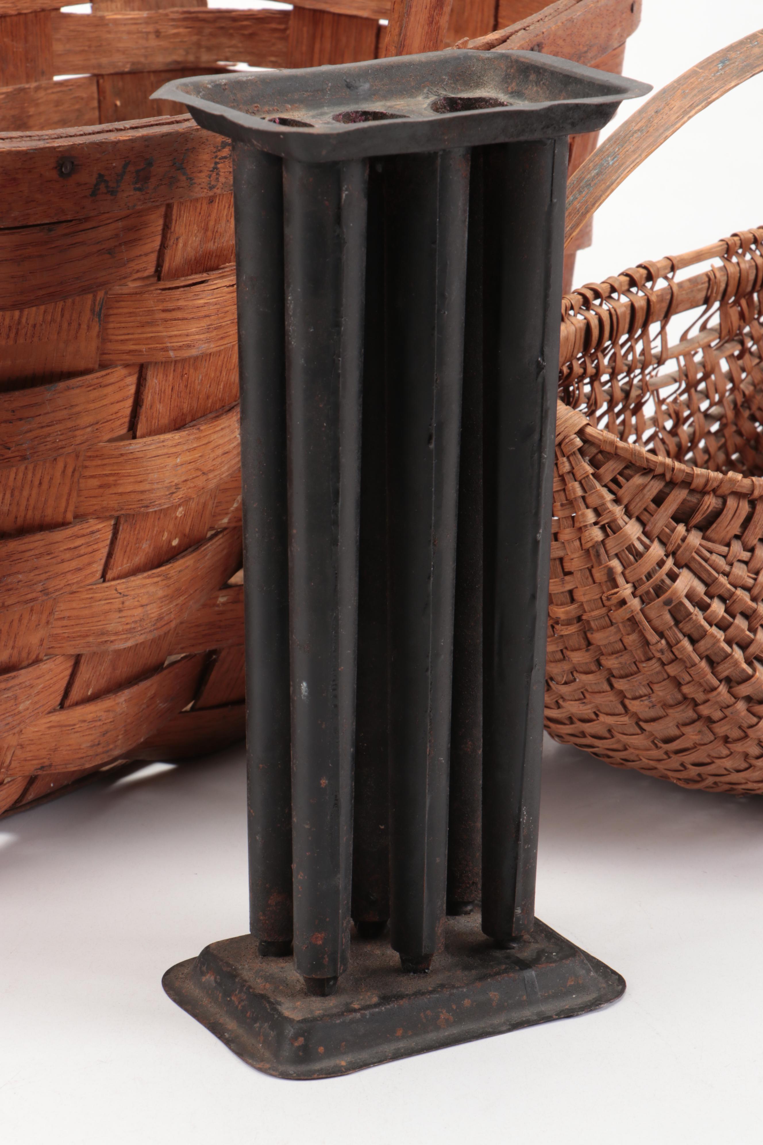 Primitive Style Handwoven Baskets, Sad Irons and More