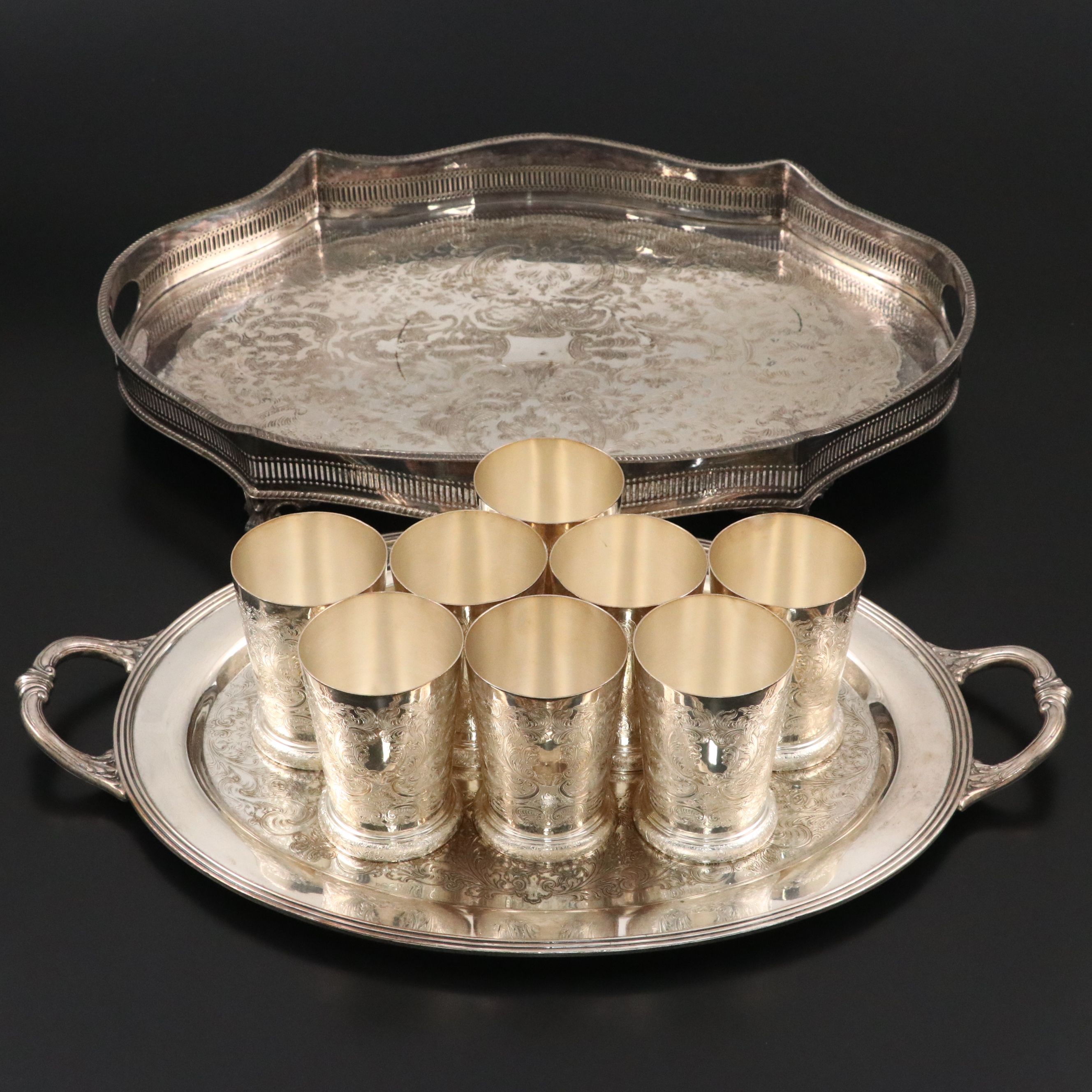 Barker Ellis Etched Silver Plate Julep Cups with Trays