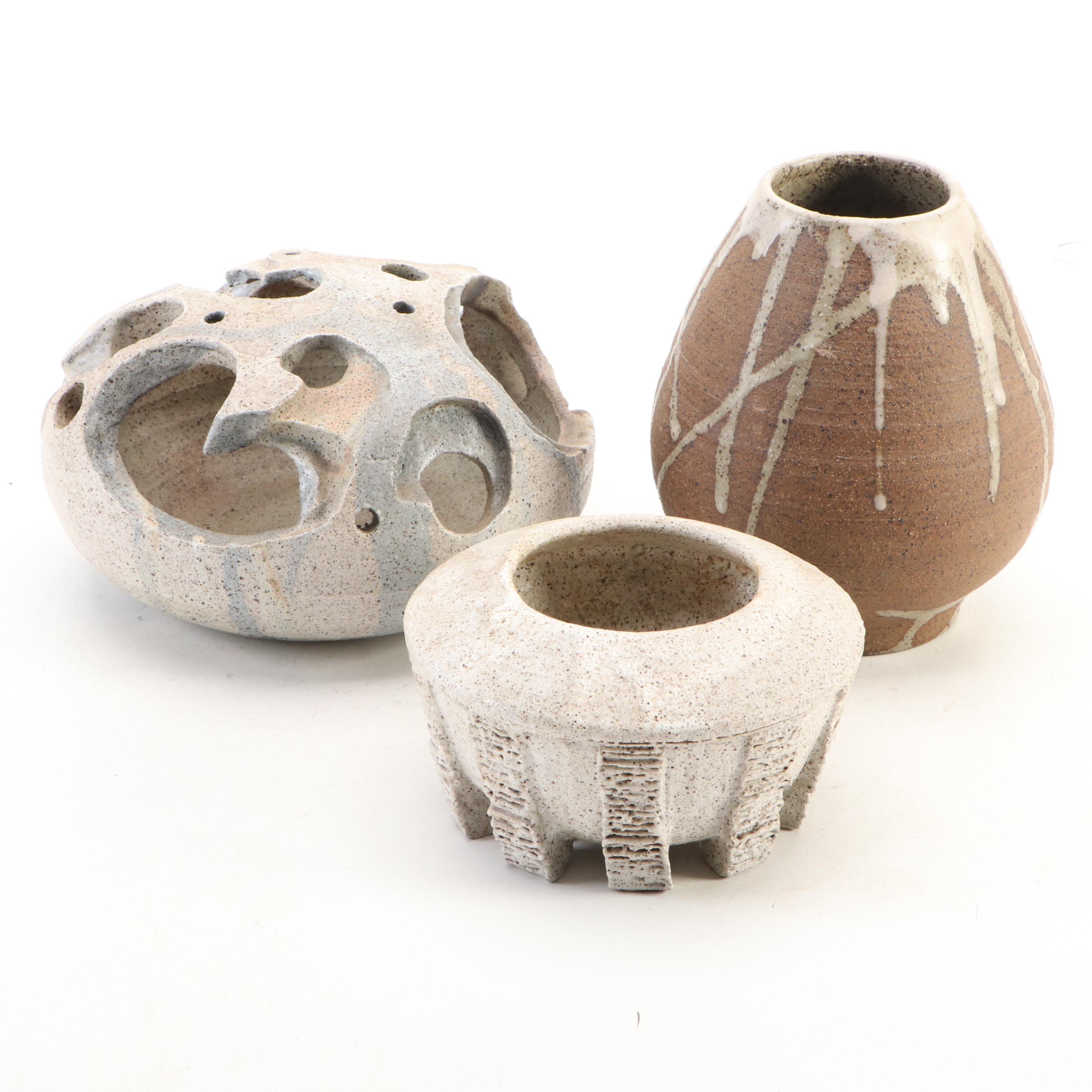 Handcrafted Studio Art Pottery Stoneware Vessels and Cutout Candle Holder
