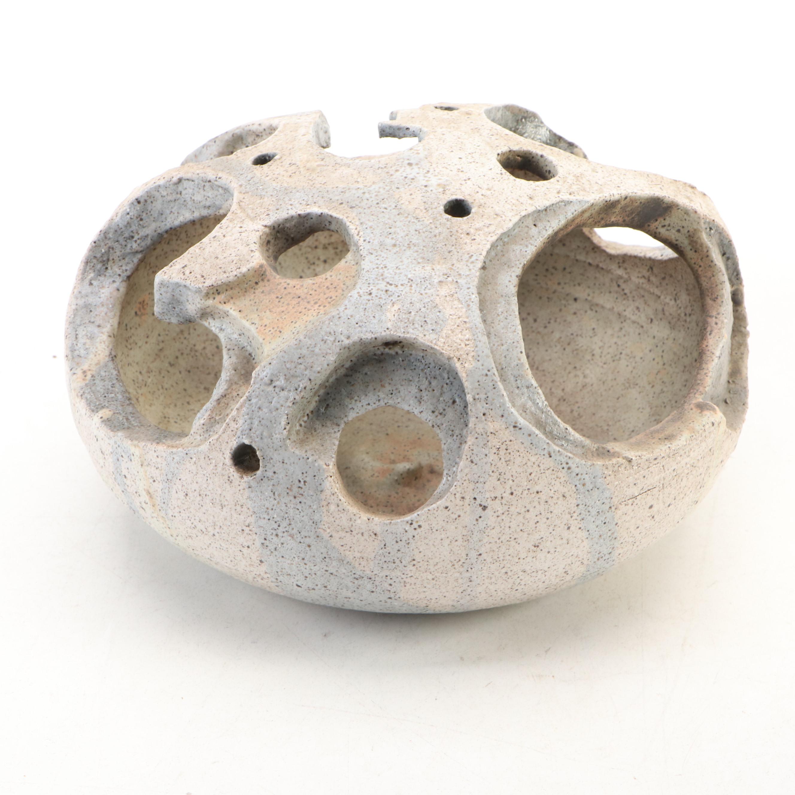 Handcrafted Studio Art Pottery Stoneware Vessels and Cutout Candle Holder