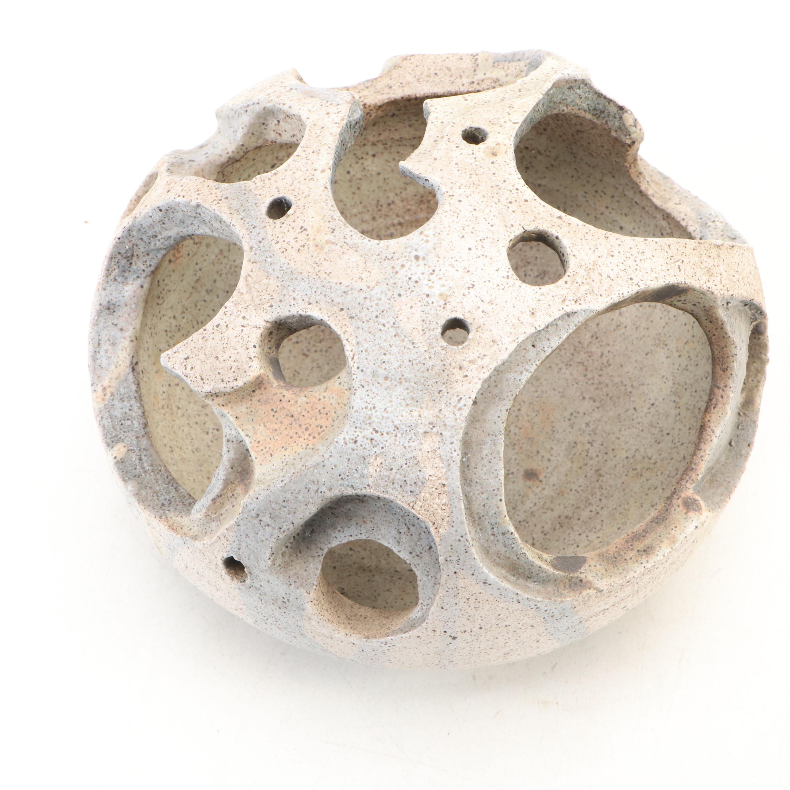 Handcrafted Studio Art Pottery Stoneware Vessels and Cutout Candle Holder