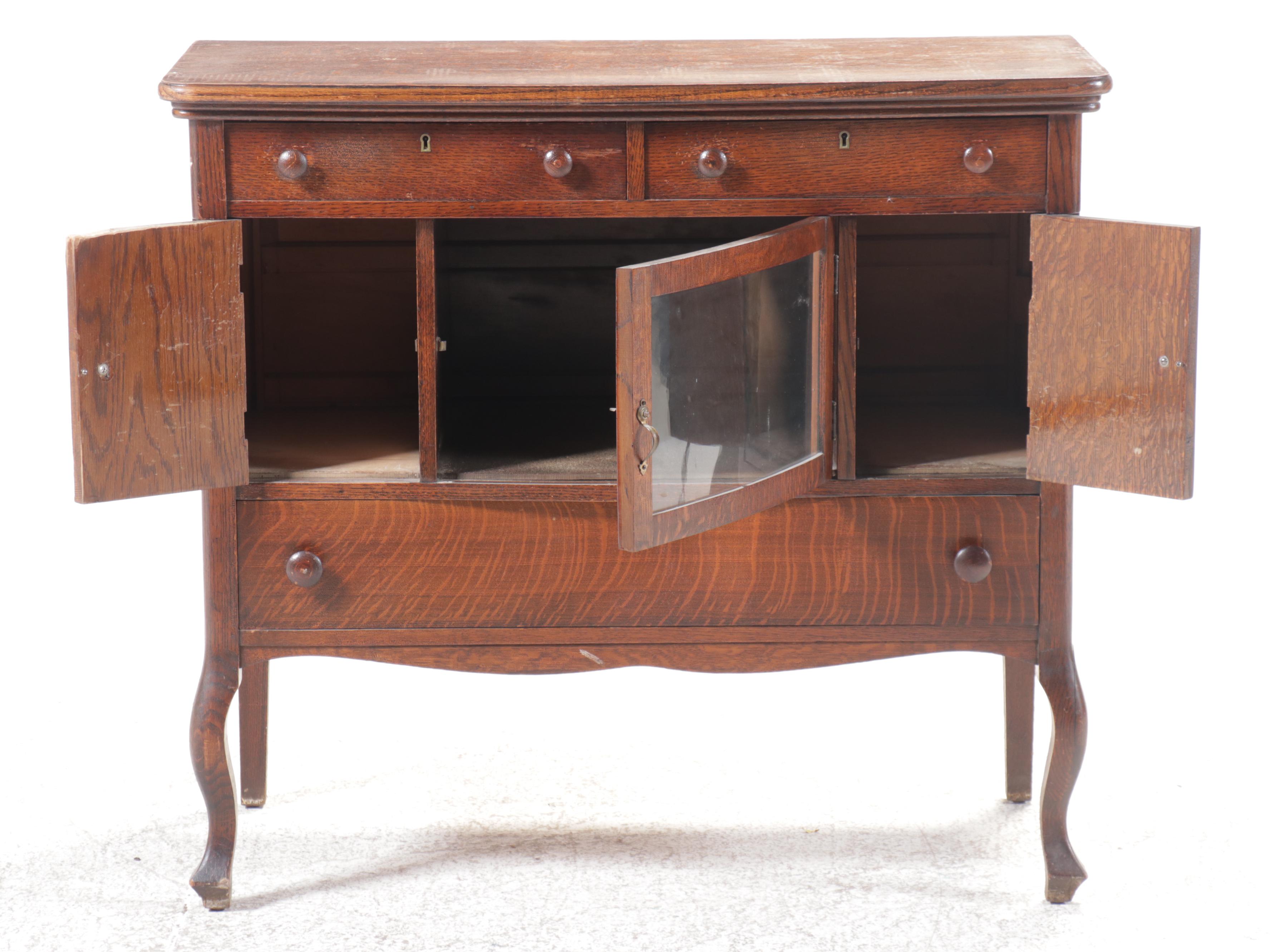 American Empire Style Tiger Oak Sideboard, Late 19th/Early 20th Century