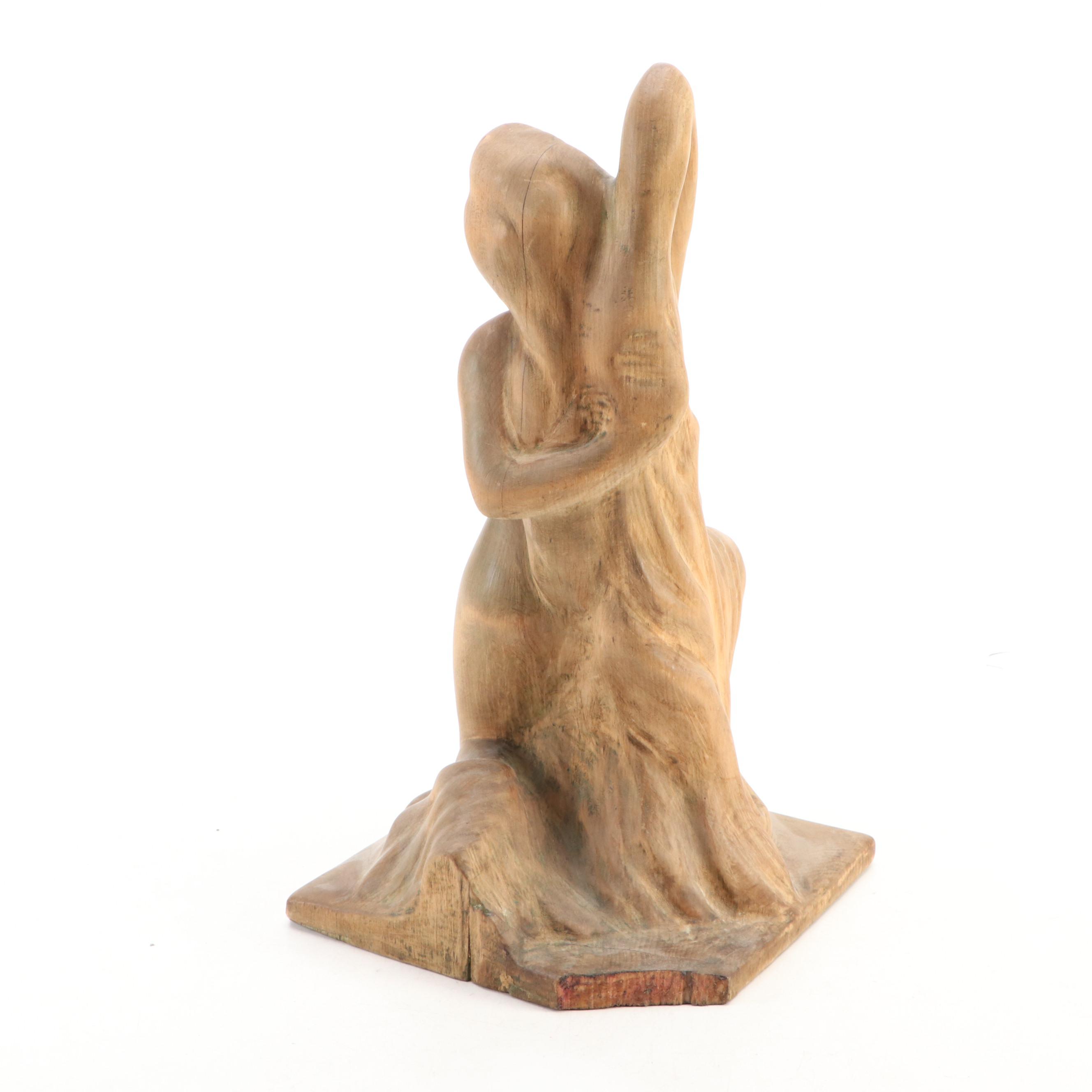 Nude Woman Covered in Drapery Carved Wood Sculpture