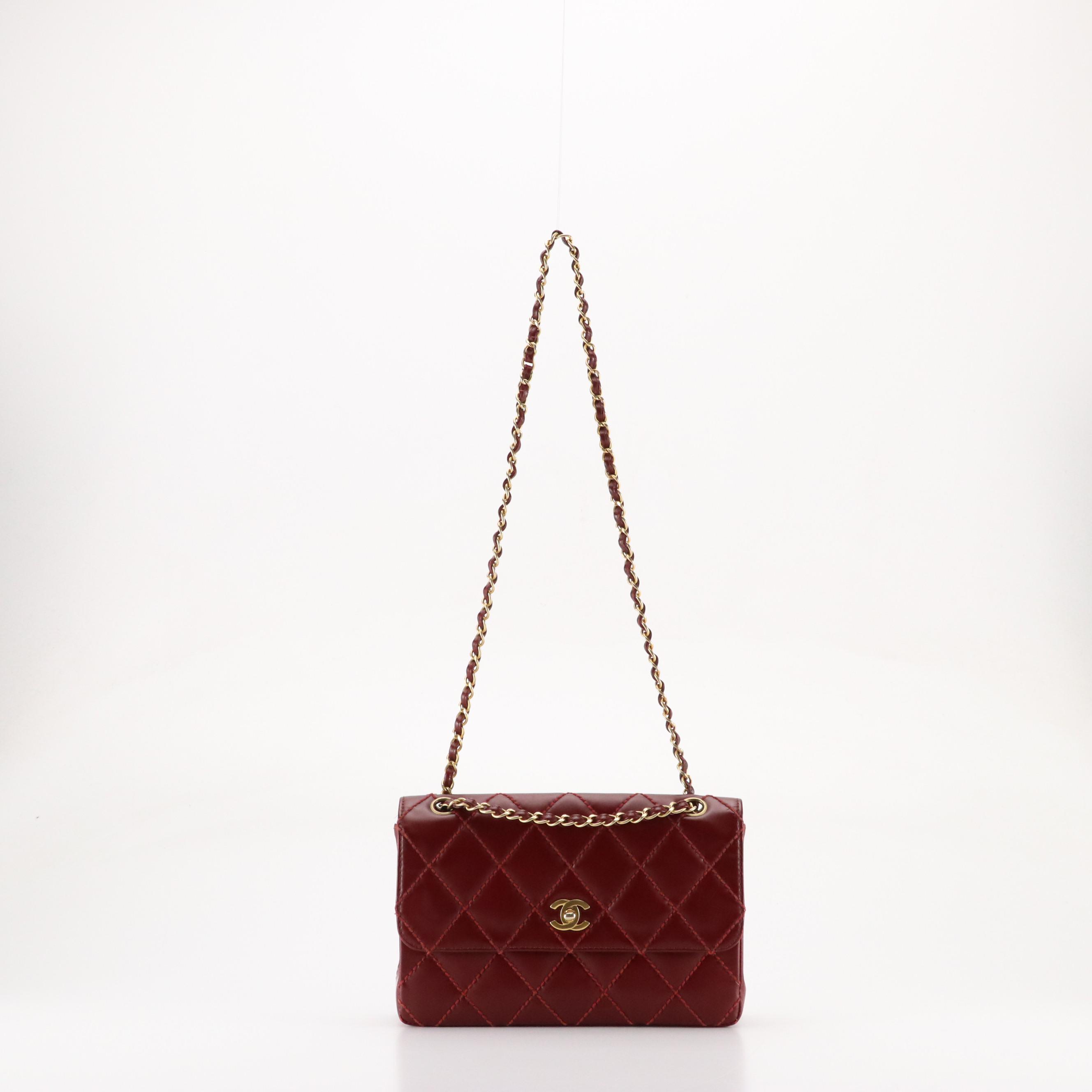 Chanel CC Flap Bag with Interwoven Chain Strap in Dark Red Matelassé Calfskin