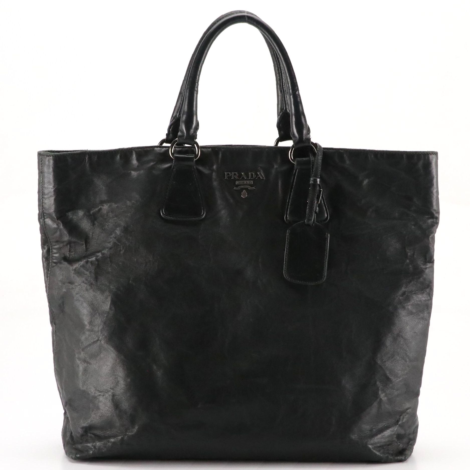 Prada Top Handle Shopper Tote in Black Crinkled Calfskin Leather
