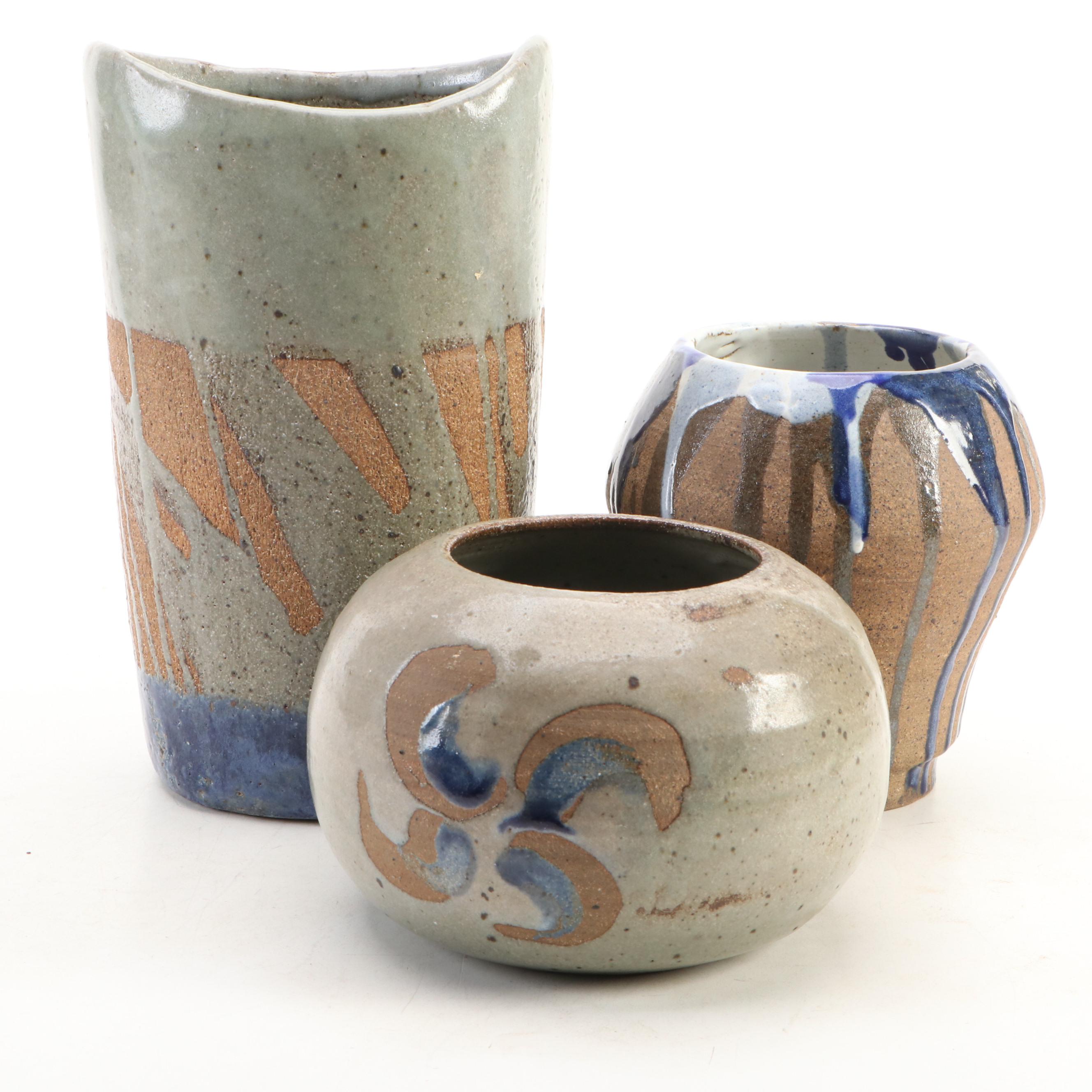 Mary S. Haber and Other Studio Art Pottery Part Glaze Stoneware Bowl with Vases