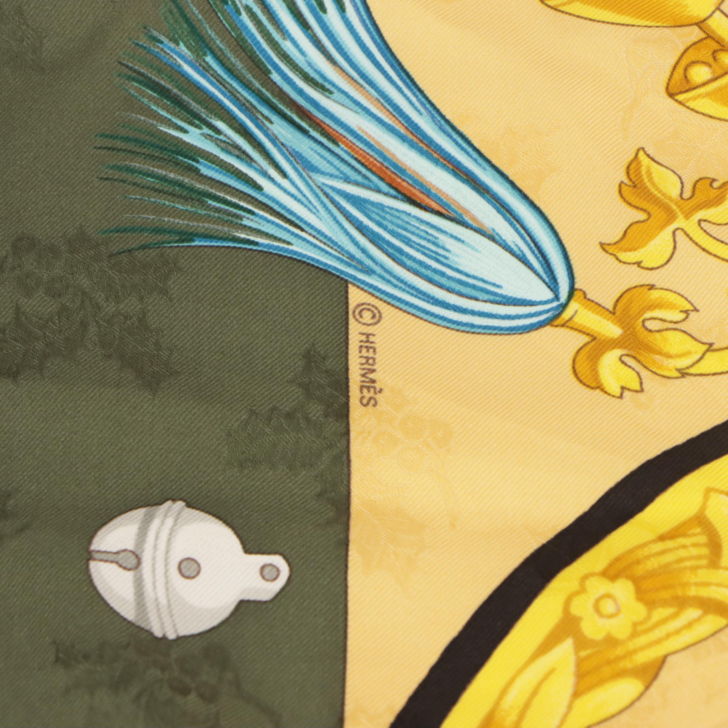 Hermès "Plumes et Grelots" Scarf 90 in Holly Silk Jacquard