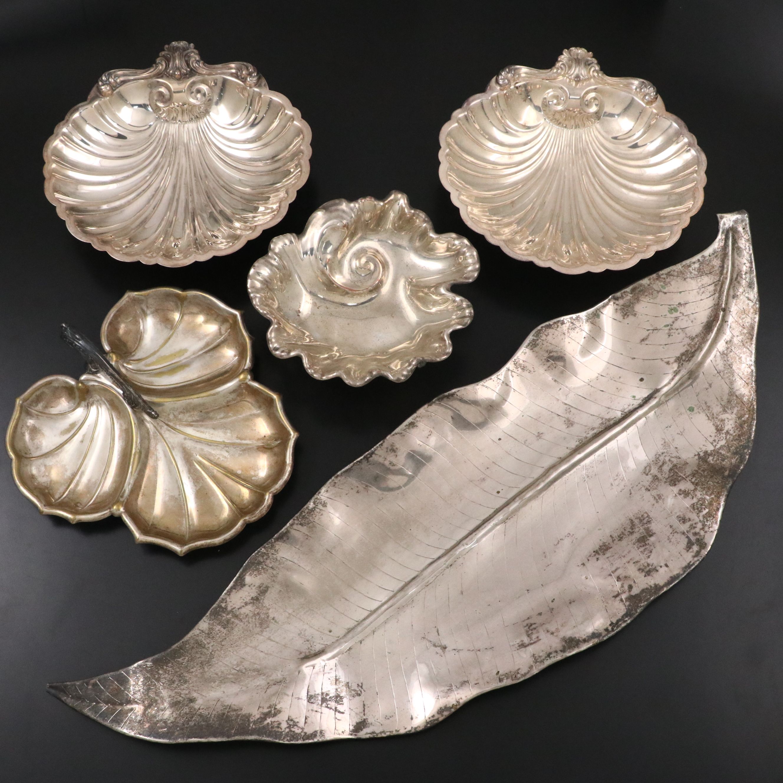 Vintage Silver Plate Leaf and Shell Shaped Dishes