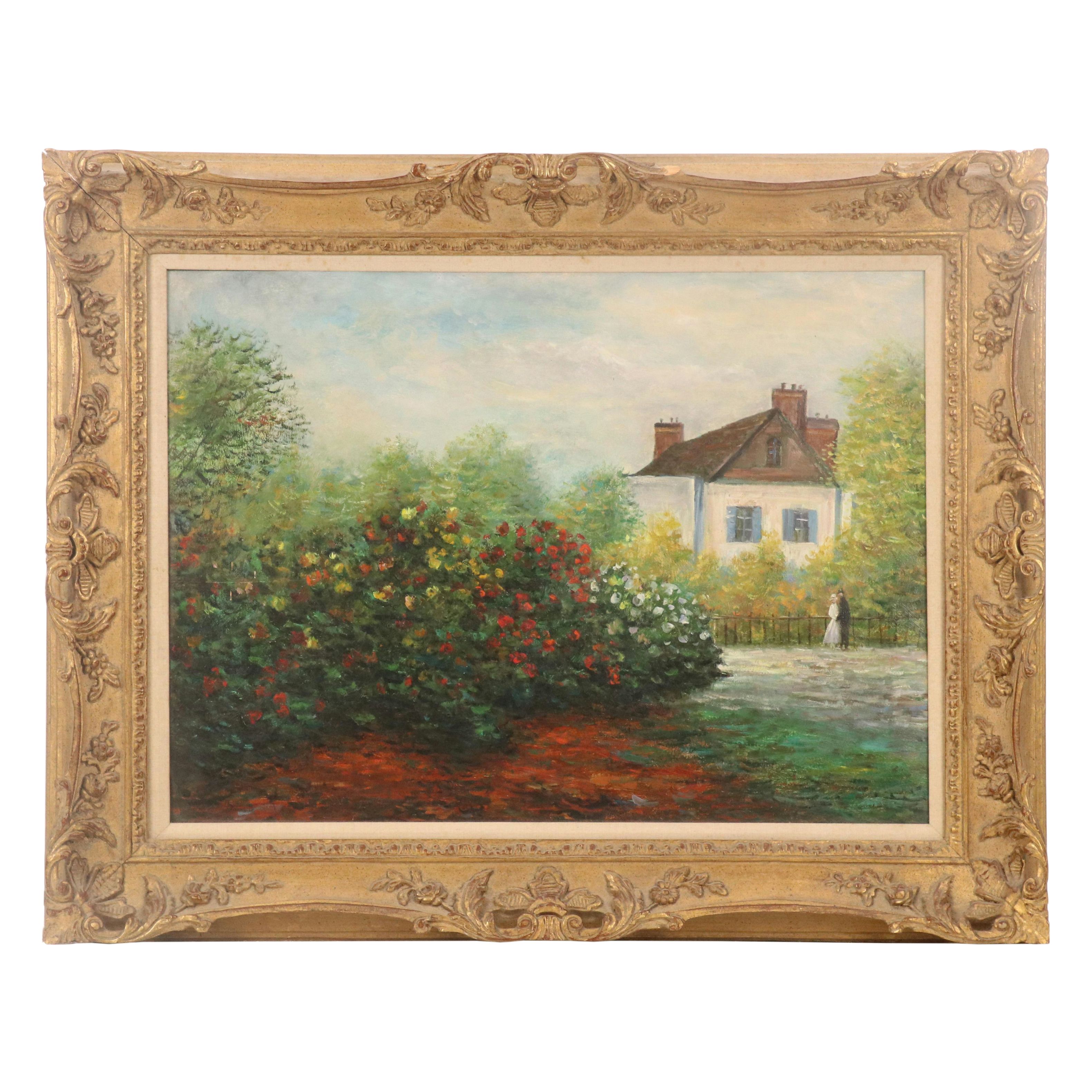 Scenic Oil Painting with Abundant Gardens, 20th Century