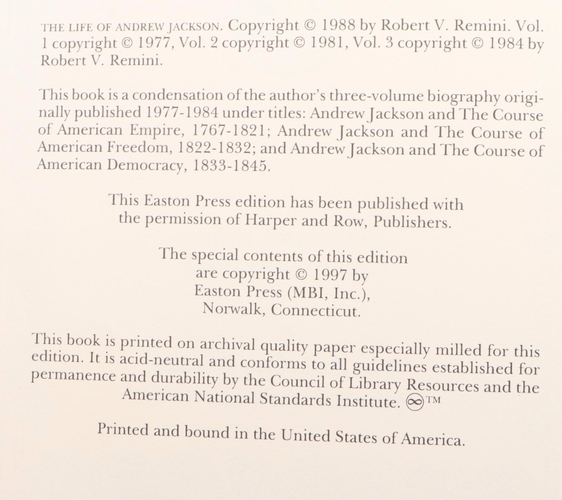 Easton Press "The Life of Andrew Jackson" by Robert V. Remini, 1997