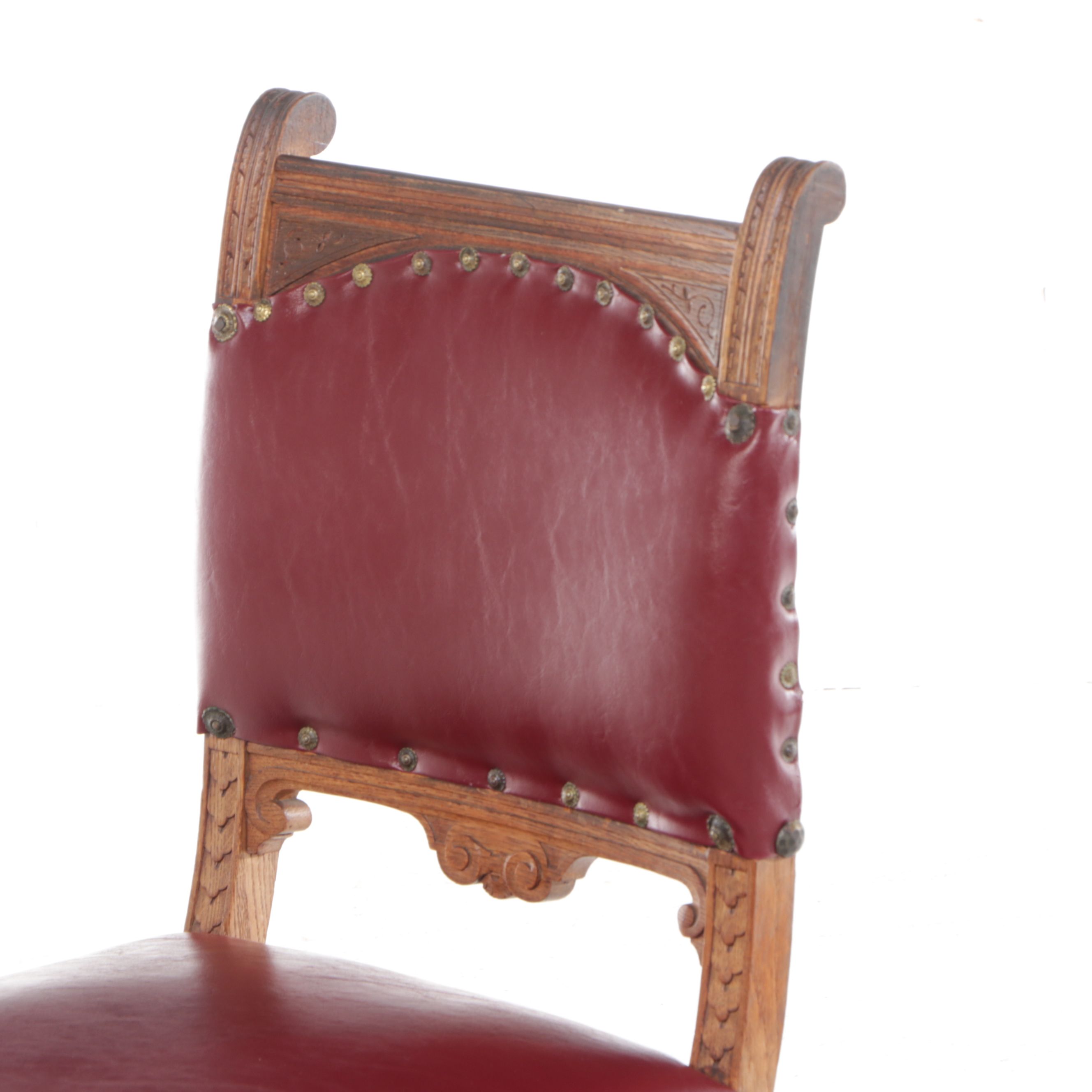 Renaissance Revival Style Faux Leather and Carved Oak Side Chair