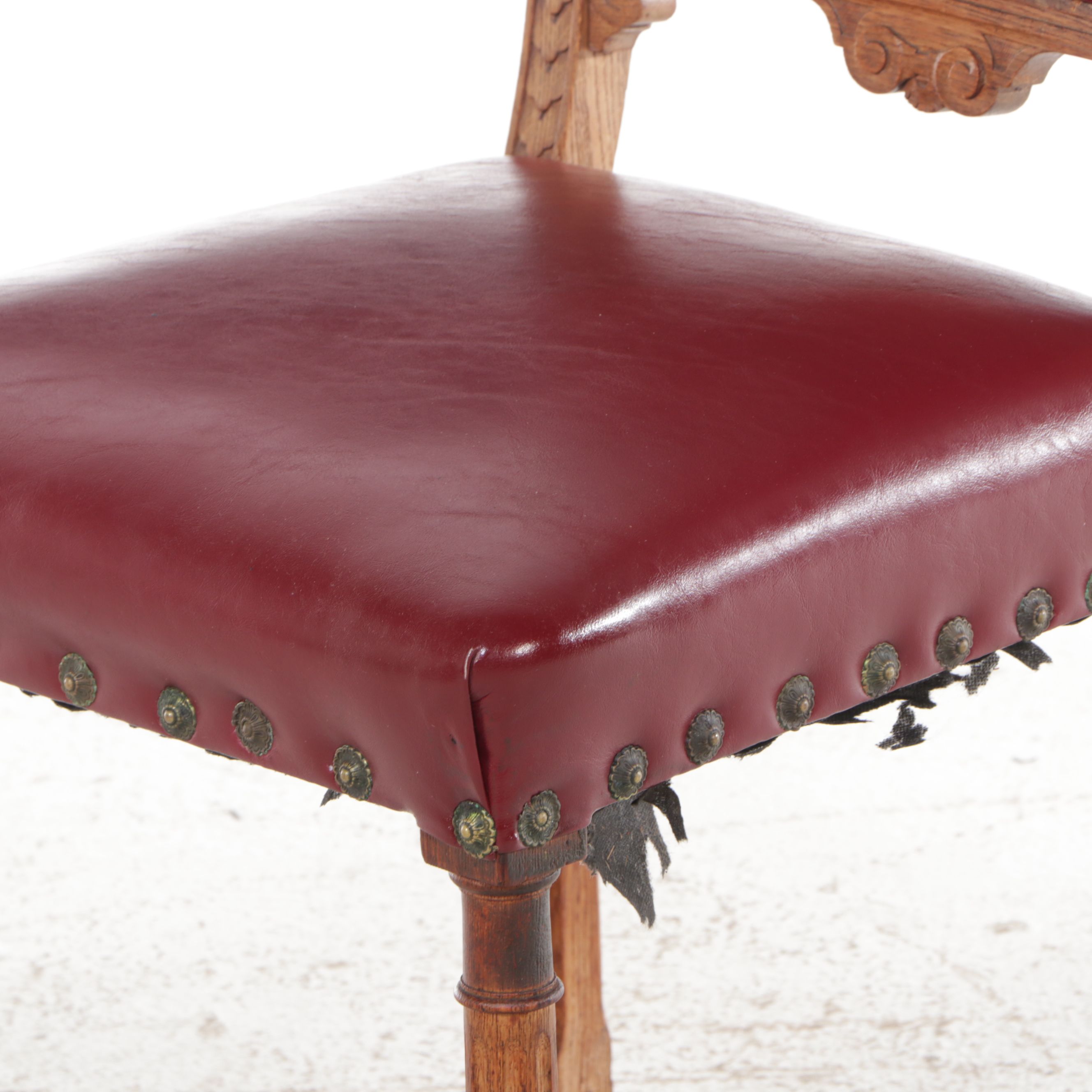 Renaissance Revival Style Faux Leather and Carved Oak Side Chair