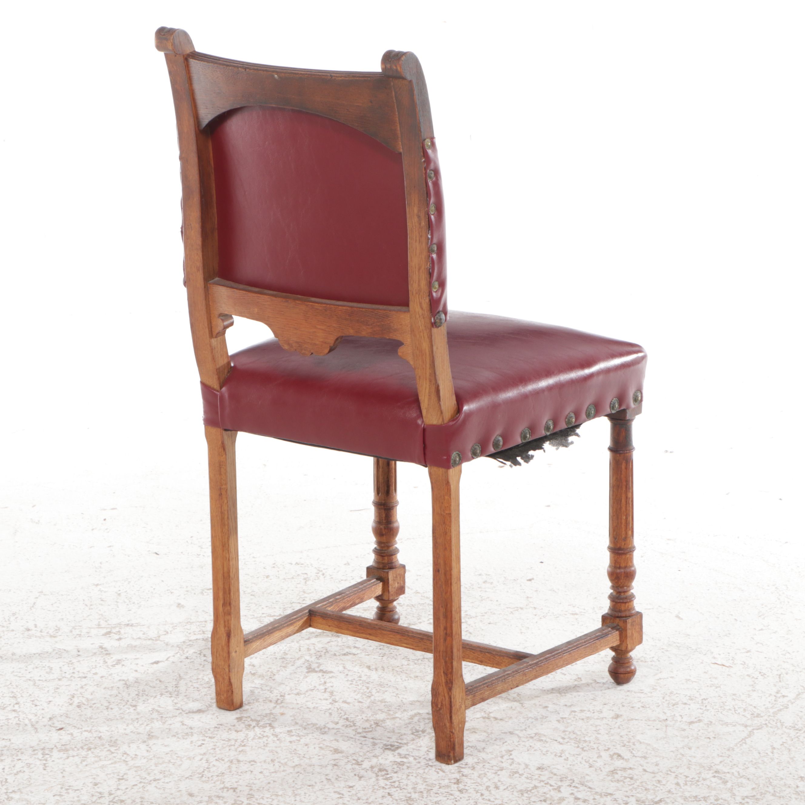 Renaissance Revival Style Faux Leather and Carved Oak Side Chair
